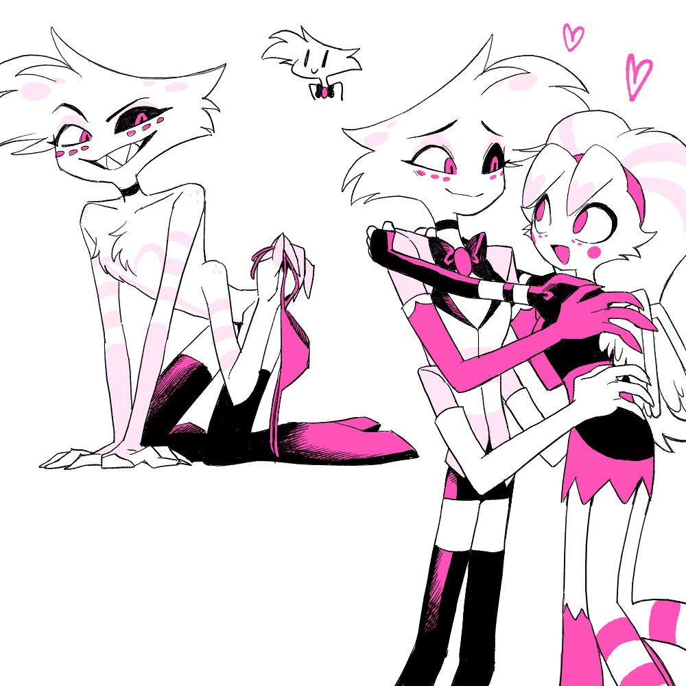 angel dust (hazbin hotel), anthro, arachnid, brother and sister, clothed, clothing, demon, enaic31, female, femboy, hazbin hotel, heart, hug, male, molly (hazbin hotel), panties, siblings, simple background, smile, spider, tagme, teeth, thighhighs, underwear, white background, wholesome