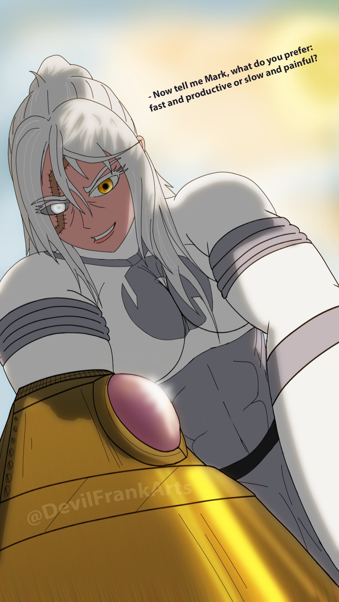 1girls big_ass big_breasts breasts conquest_(invincible) devilfrankarts female female_conquest genderswap_(mtf) gold_eyes inminent_rape inminent_sex invincible invincible_(tv_series) mark_grayson rape reverse_rape rule_63 scar tagme white_eyes white_hair