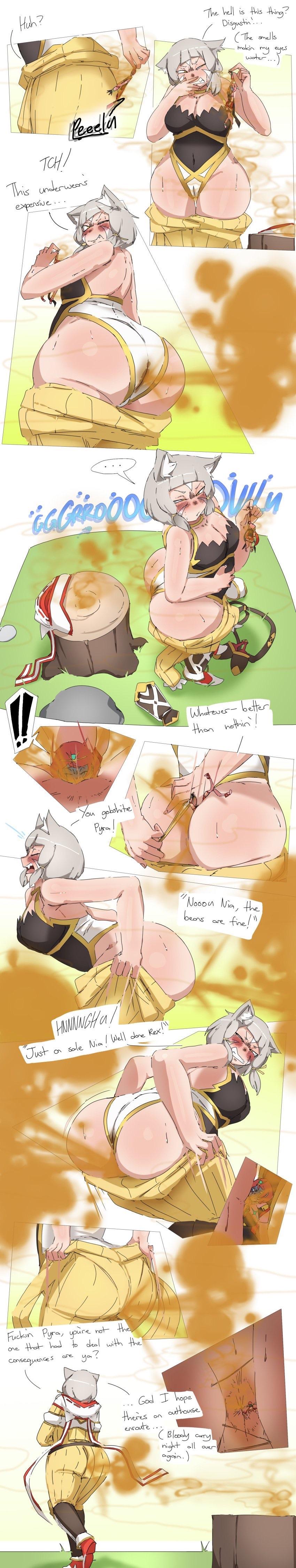 2girls, ass, comic, fart, fart fetish, fart torture, fat ass, female, giantess, lazei, lingering stench, nia (xenoblade), pyra (xenoblade), shrinking, stinky, trapped in butt, trapped in underwear, wide hips, xenoblade (series)