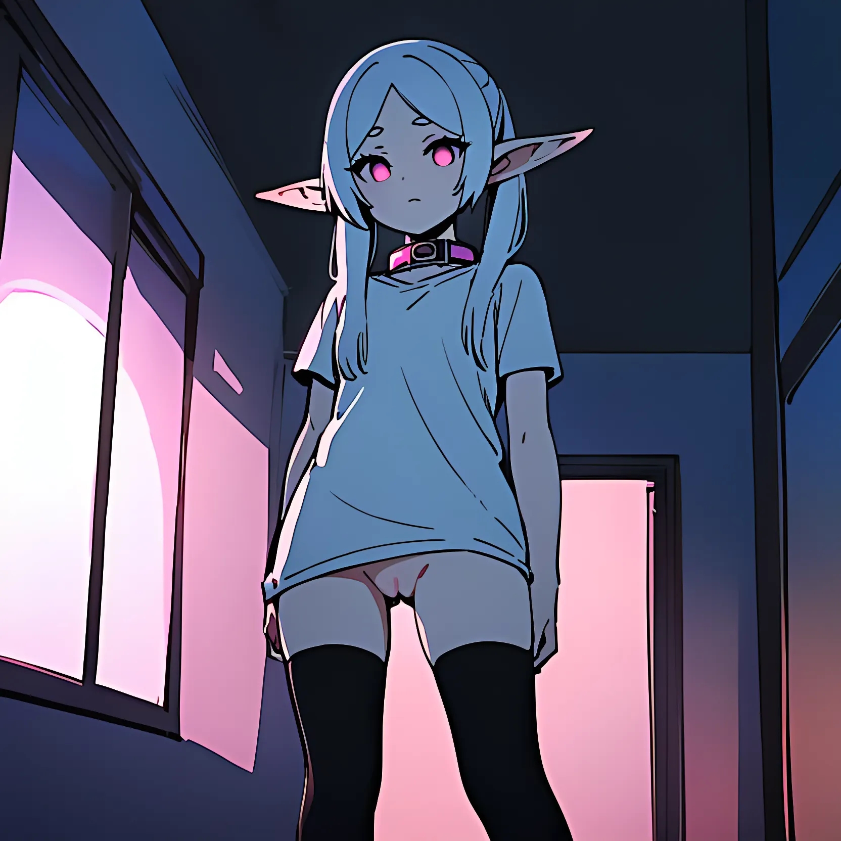 ai generated, collar, elf, emotionless, empty eyes, female, frieren, frieren beyond journey's end, hypnosis, mind control, no panties, pink eyes, sousou no frieren, standing, stockings, t-shirt, white hair, zxcsuxarik3