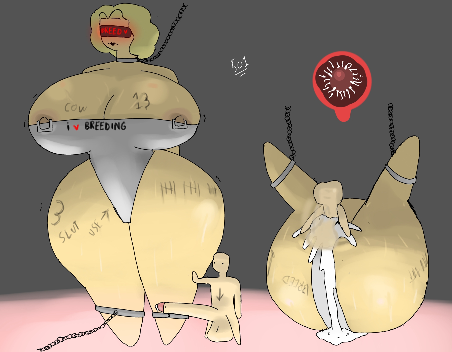 1boy, 1girls, 2d, 2d (artwork), 50one, areola slip, areolae, ballsack, barely contained breasts, big balls, big penis, blindfolded, blonde female, blonde hair, chains, child bearing hips, choker, cum, excessive cum, giantess, hollie all american, hyper, hyper ass, hyper breasts, impregnation, mating press, nipple piercing, nonconsensual, rape, rape slave, restrained, sex, sex slave, shackles, small dom big sub, smaller male
