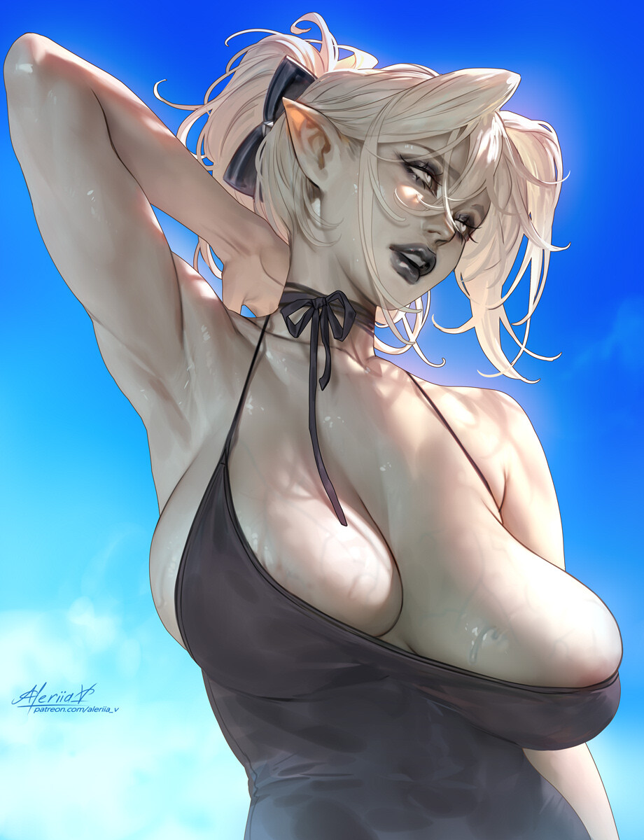 areola slip, areolae, armpits, black lipstick, breasts, busty, eyelashes, eyeshadow, female, goth, goth girl, hair ribbon, large breasts, lerapi, light skin, light-skinned female, lipstick, original character, pale skin, pale-skinned female, pointy ears, sweating, veiny breasts, white eyes, white hair