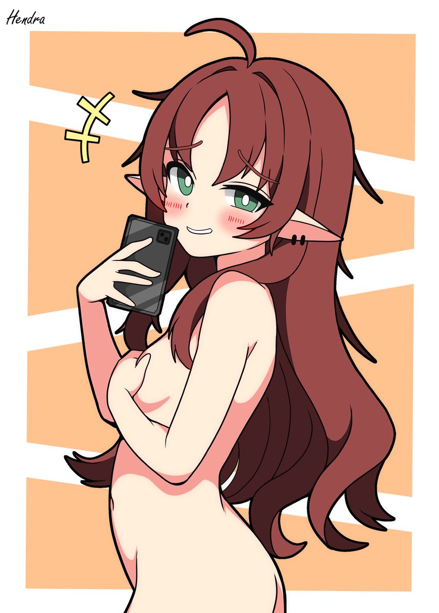 2d, arknights, blush, breast hold, breasts, cheeky, female, female only, hendra, hiding breasts, long ears, long hair, myrtle (arknights), naked, naked female, naked selfie, phone, red hair, selfie, small breasts, smile