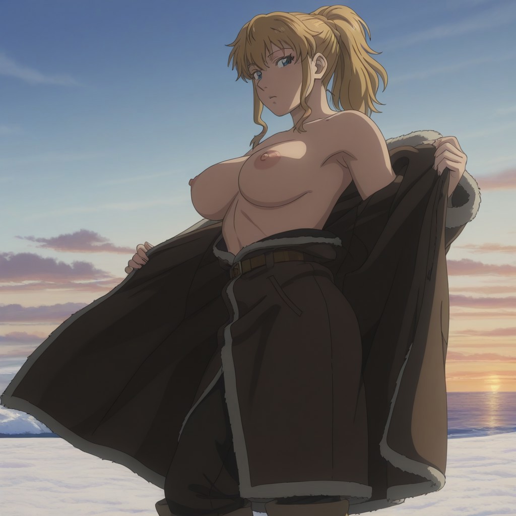 ai generated, areola, areola slip, areolae, armpits, bare breasts, bare chest, bare shoulders, beach, big breasts, blonde female, blonde hair, blonde-haired female, blue eyes, breasts, breasts bigger than head, breasts out of clothes, female, female focus, female only, half-dressed, icelandic, large breasts, light skin, light-skinned female, messy hair, nipples, nordic, nordinex5, norse woman, ocean background, open clothes, open clothing, open coat, open jacket, outdoors, pale skin, pale-skinned female, ponytail, snow, solo, solo female, solo focus, stable diffusion, taking clothes off, tits out, undressing, undressing self, viking female, viking village, vinland saga, ylva (vinland saga)
