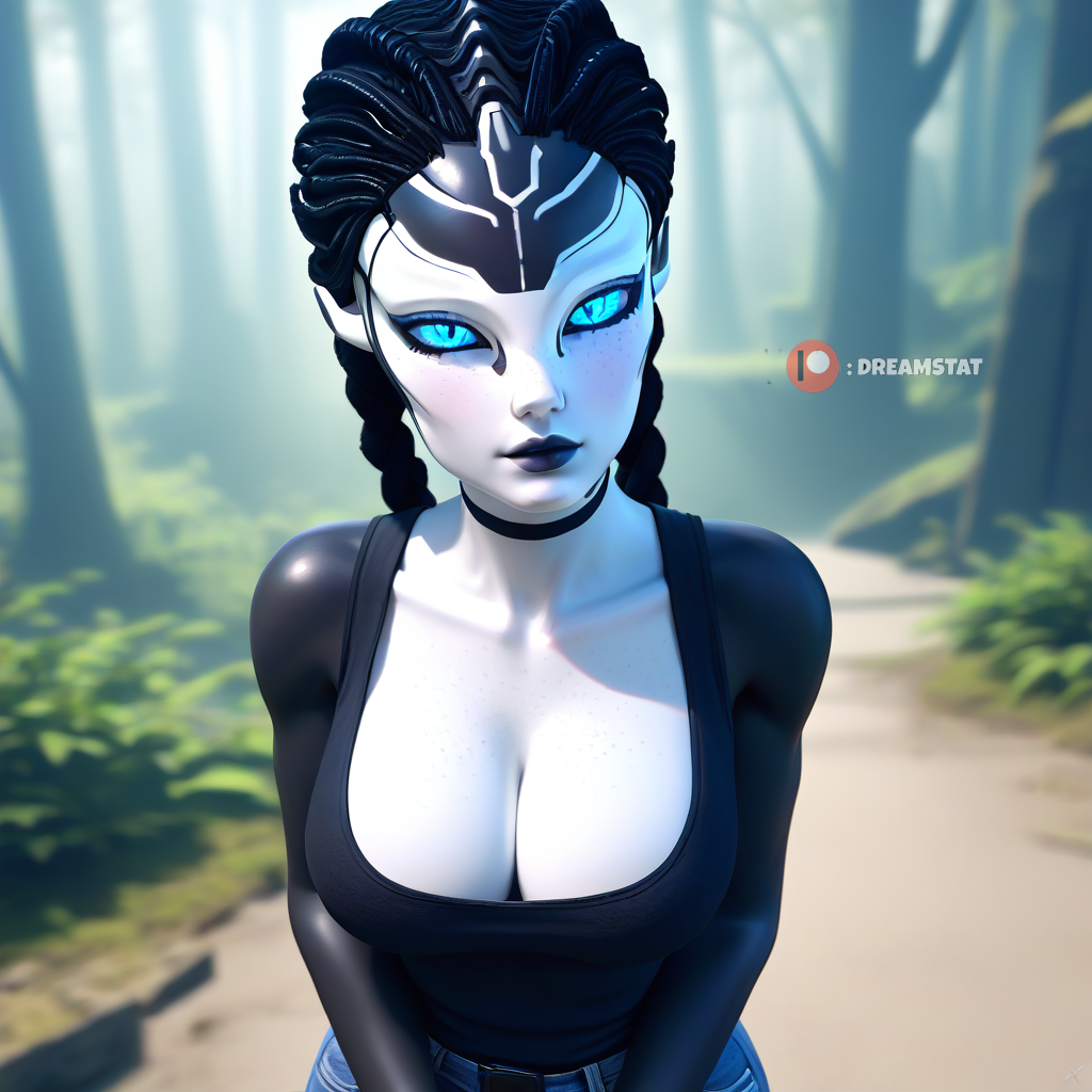 ai_assisted ai_generated android artist_request belt black_hair black_lips blue_eyes blue_sclera blurry blurry_background braid breasts choker cleavage collarbone colored_sclera colored_skin female freckles large_breasts looking_at_viewer outdoors patreon_username solo twin_braids