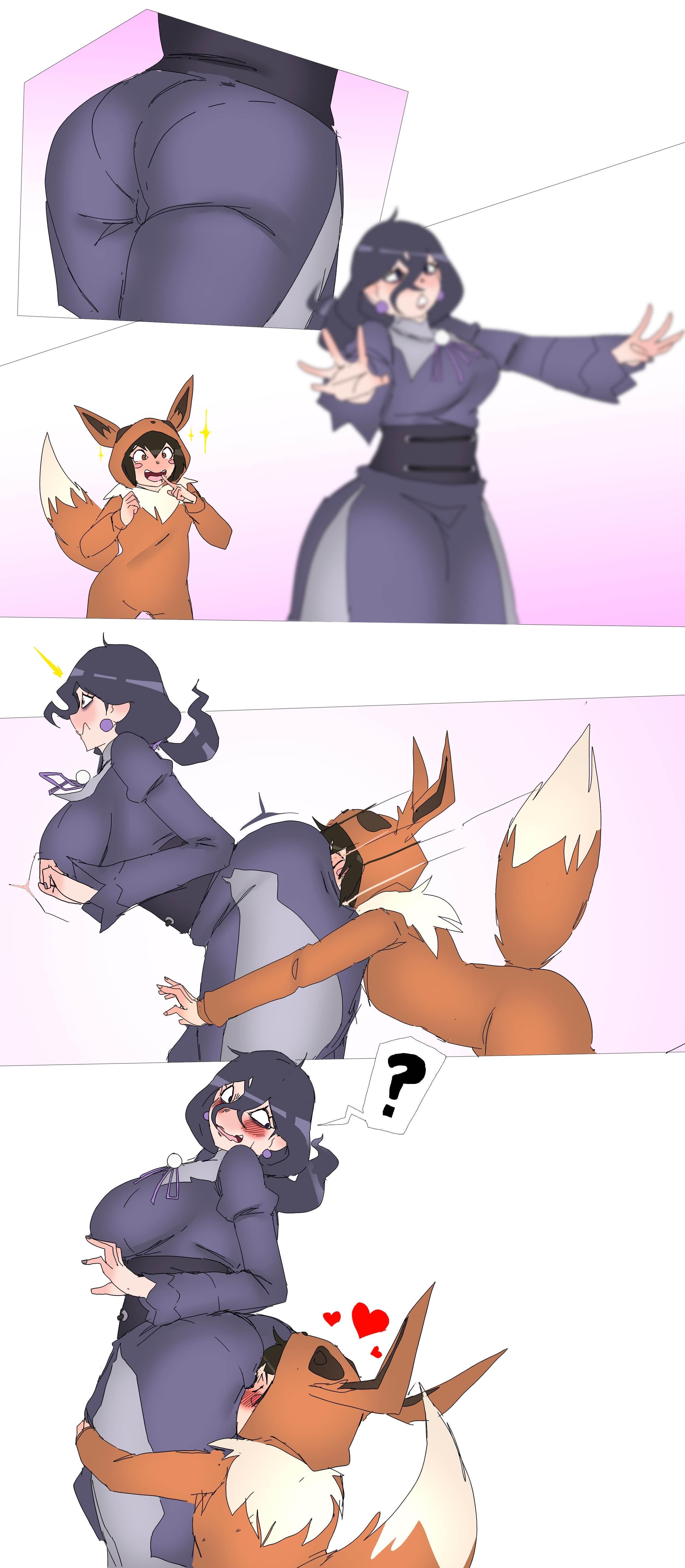 aged up, ass, ass grab, ass in dress, blush, clothed, clothing, comic, eevee (cosplay), embarrassed, embrace, face in ass, fat ass, female, female focus, game freak, hex maniac, hex maniac (pokemon legends: z-a), lazei, milf, nintendo, pantylines, poke kid (pokemon), pokemon, pokemon (cosplay), pokemon legends: z-a, surprised, yuri