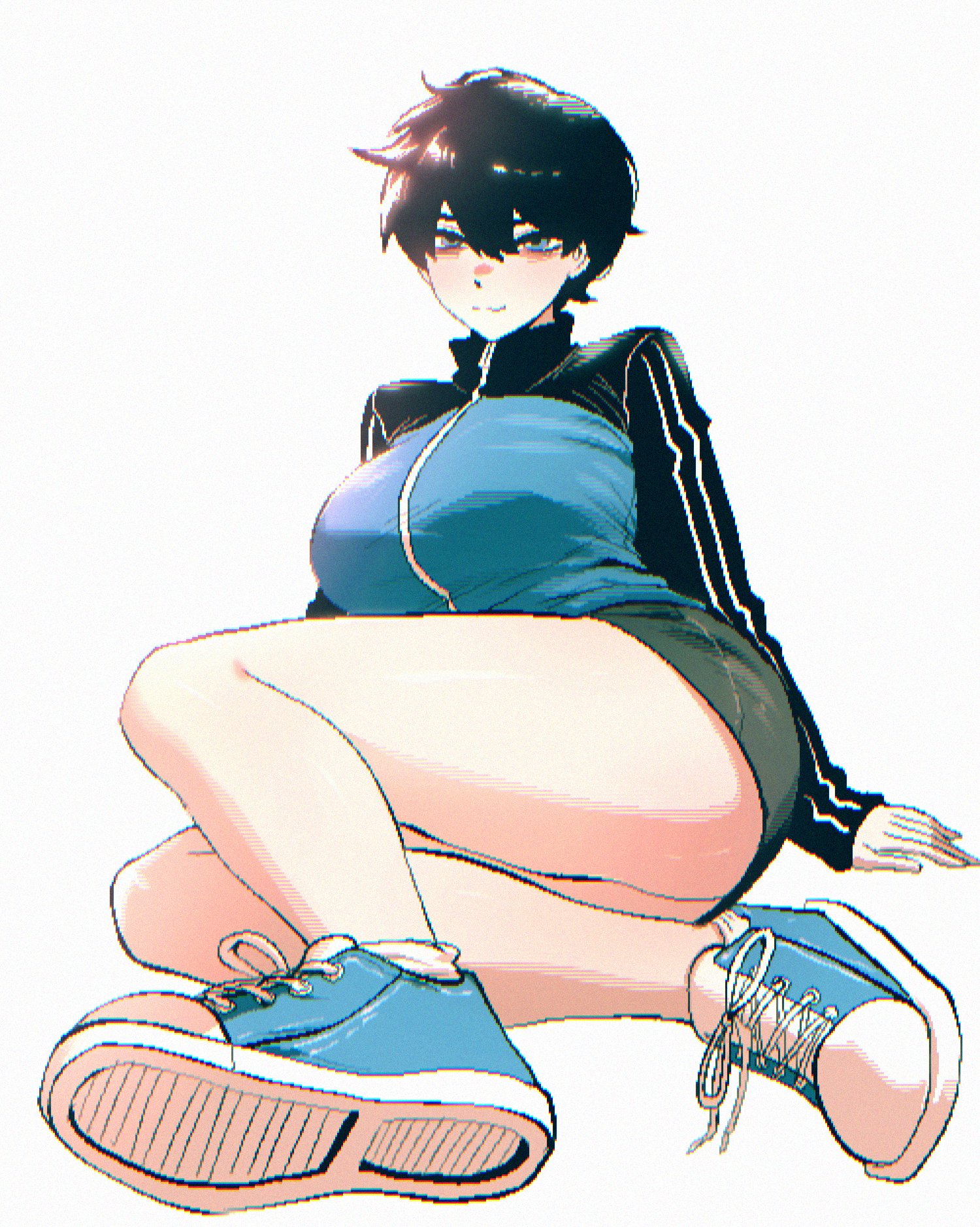 1girls, big breasts, black hair, black-haired female, blue eyes, blush, blushing at viewer, breasts, female, female only, happy, happy female, light blush, light skin, light-skinned female, looking at viewer, short hair, short-haired female, smiling at viewer, sneakers, solo, spoiledmuffin, thick thighs, thighs, tomboy, track jacket, very short hair