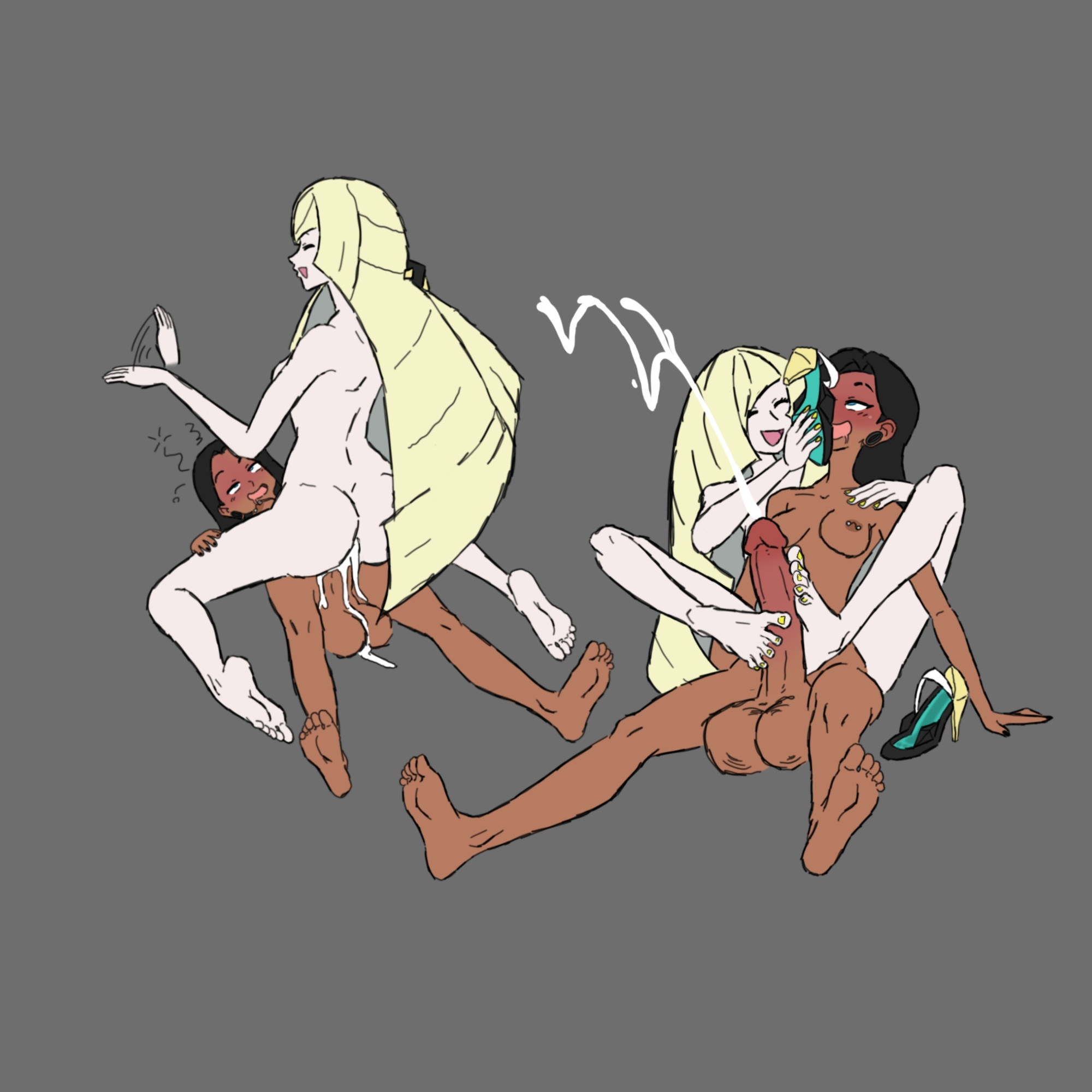 1futa, 1girls, 2d, barefoot, cock bigger than feet, cum, cumshot, dark skin, dark-skinned futa, feet, feet on penis, female, foot fetish, footjob, footwear, futa on female, futa with female, futanari, futasub, high heels, intersex, lusamine (pokemon), penis, pokemon, shoes, shoes removed, smell, smelling, soles, toes, whispmuffin, wisp (whispmuffin)