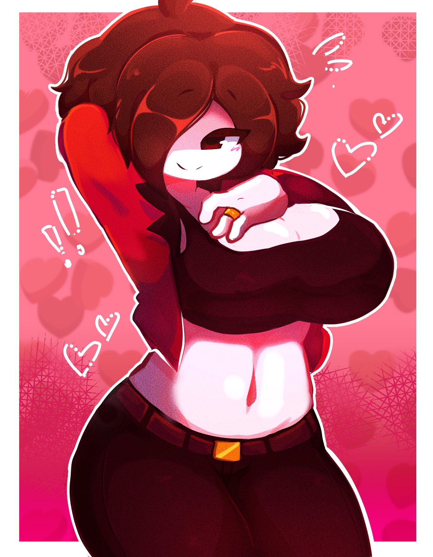 !!, 1girls, auburn hair, belt, big breasts, blush, breasts, cleavage, clothed, crop top, female, friday night funkin, friday night funkin mod, friday night trepidation, girlfriend (friday night funkin), guzyanomy, hair over one eye, hand behind head, hand on chest, heart, jacket, looking at viewer, midriff, navel, open jacket, pants, ring, smile, solo, tagme, trepidation gf (friday night funkin)