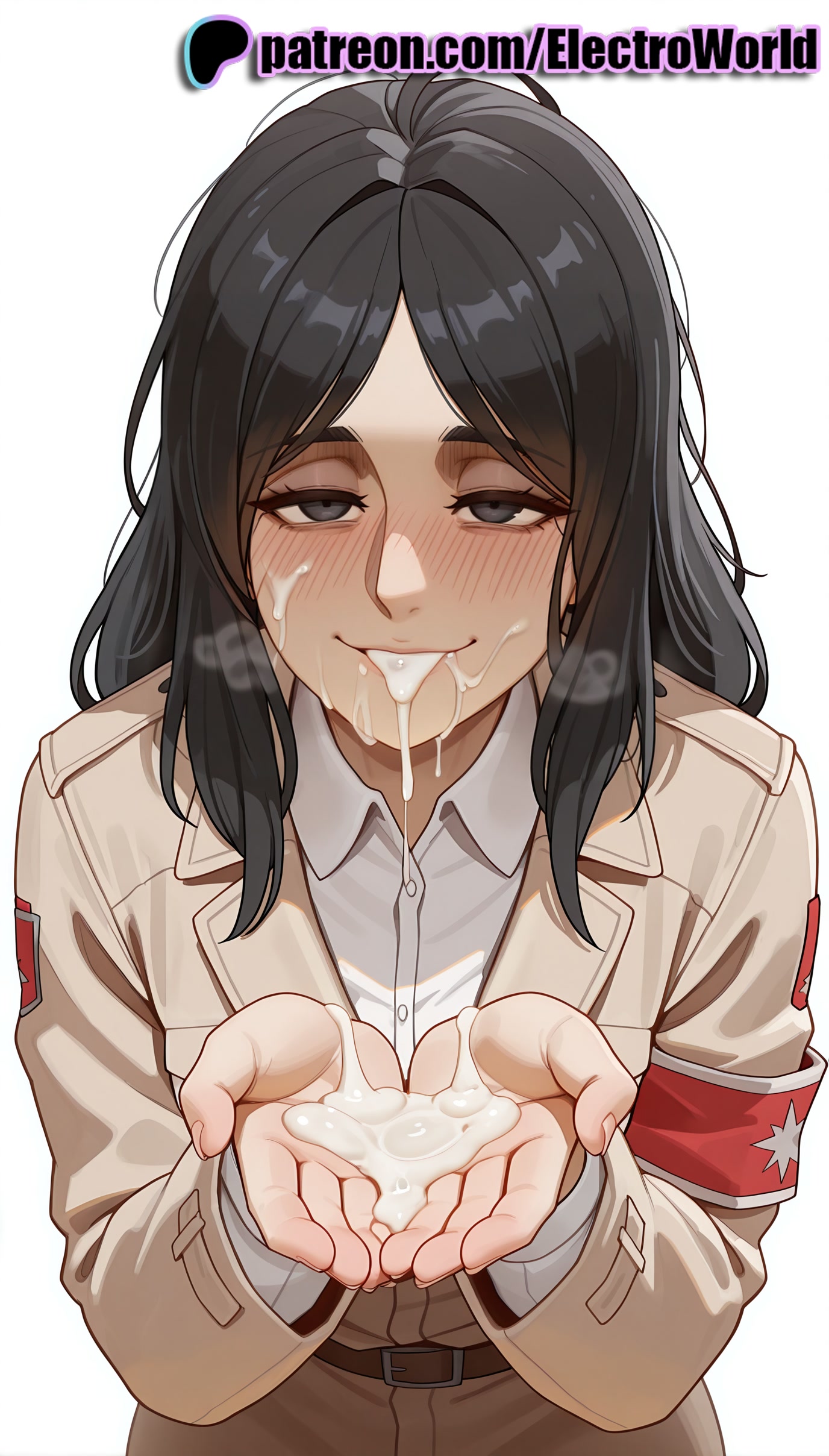 1girls, 2025, ai generated, artist name, attack on titan, belt, black hair, blush, cum, cum in mouth, cum on body, cum on hands, cupping hands, electroworld, facial, female, hi res, high quality, high resolution, highres, jerkoff visual assistance, patreon, patreon username, pieck finger, shingeki no kyojin, shirt, solo, stable diffusion, u.a. school uniform, watermark