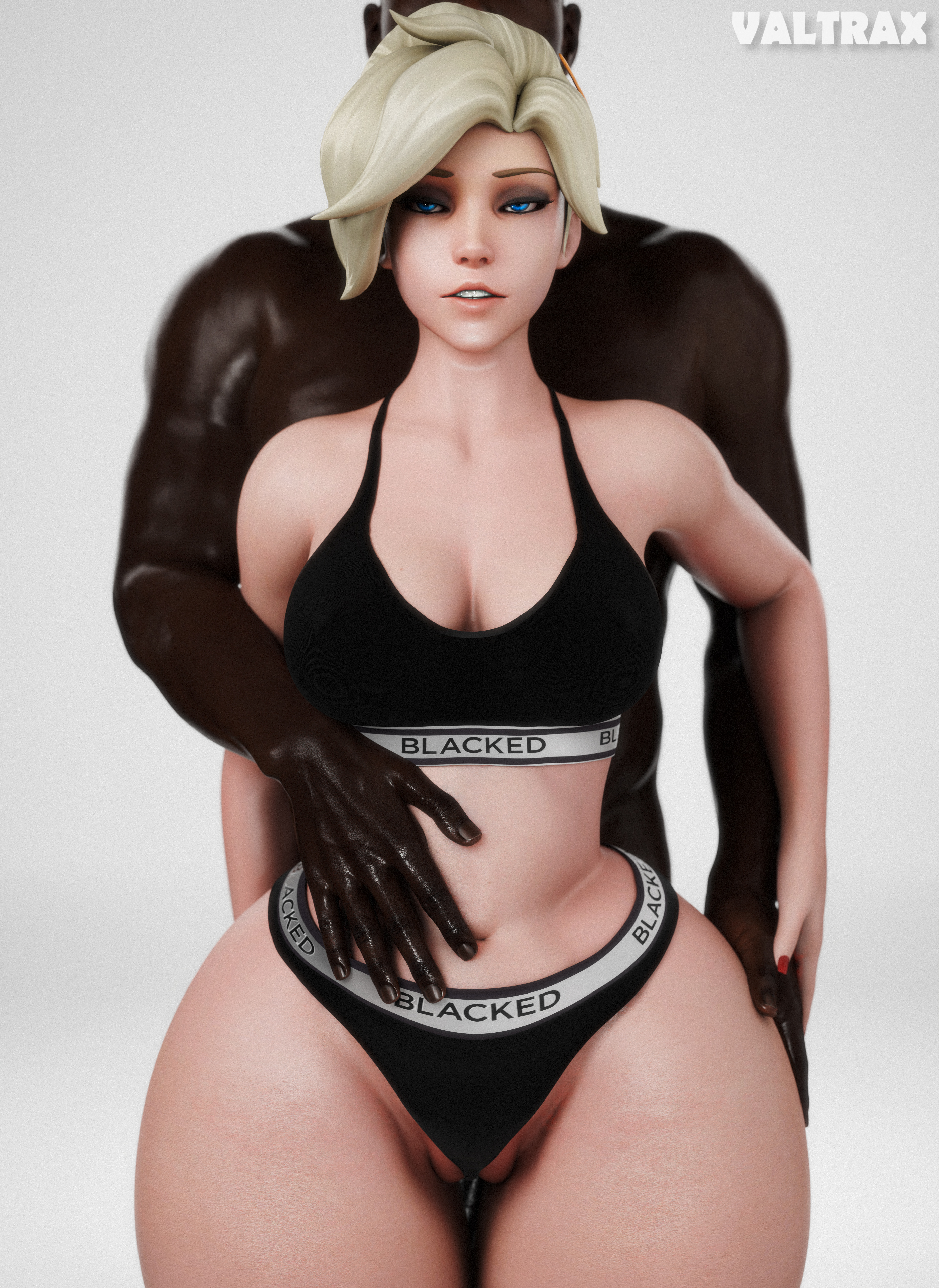 1boy, 1girls, 3d, blacked, blacked clothing, blizzard entertainment, blue eyes, breasts, busty, dark skin, dark-skinned male, female, female focus, fortnite, fortnite: battle royale, hand on hip, hand on stomach, hourglass figure, interracial, light skin, light-skinned female, male, mercy, overwatch, queen of spades, valtrax, wide hips