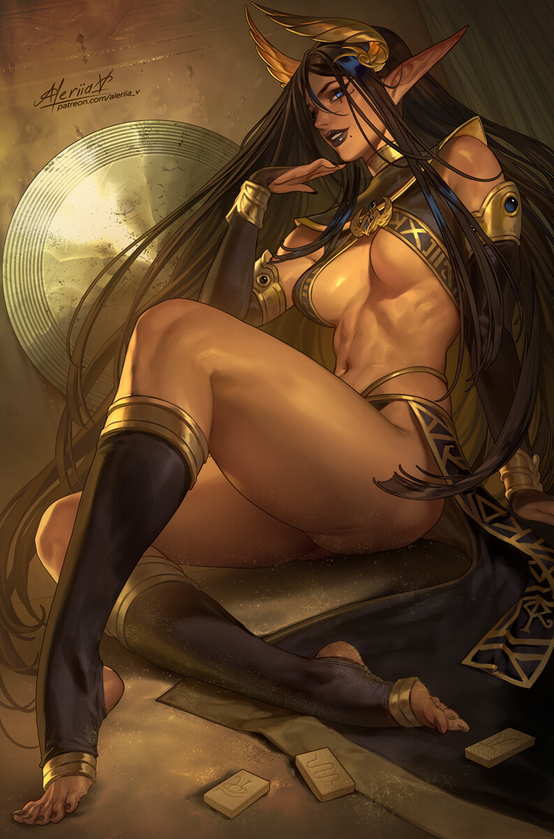 abs dark_hair egyptian elf_ears lerapi lipstick original_character tan