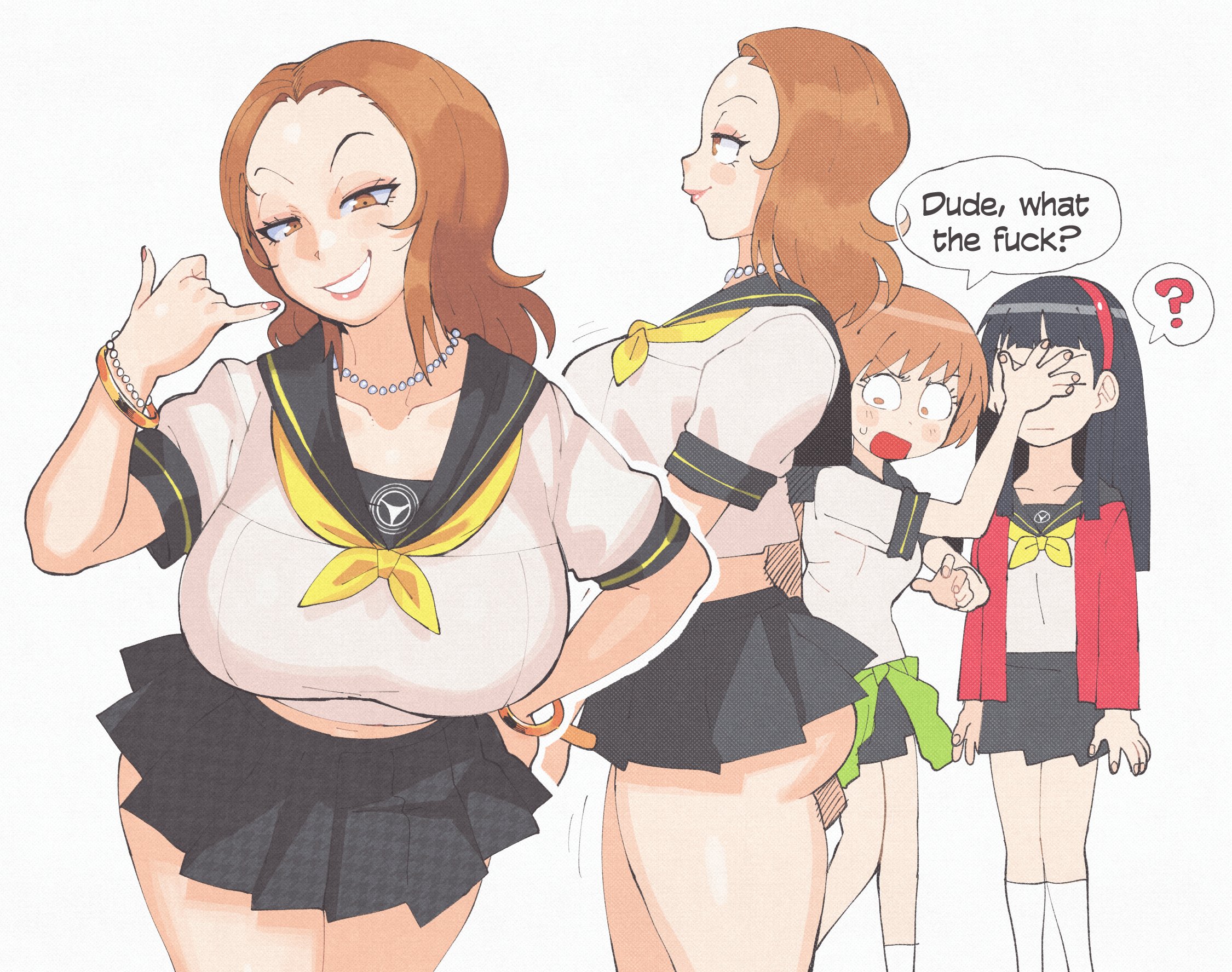 3girls, amagi yukiko, ass, big ass, big breasts, breasts, call me gesture, dialogue, dressed young, english text, female, hi res, high resolution, highres, inkerton-kun, inkuusan, kashiwagi noriko, large breasts, mature, mature female, microskirt, persona, persona 4, satonaka chie, school uniform, solo focus, teacher, teacher and student, text, too old for this, underbutt