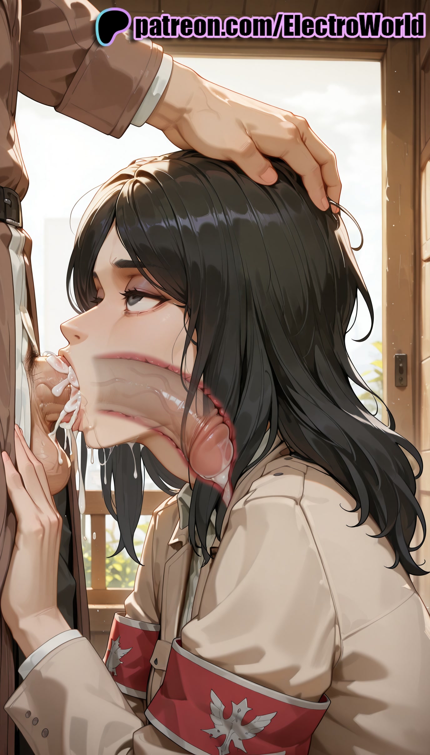 1boy, 1girls, 2025, ai generated, artist name, attack on titan, belt, black hair, blowjob, blowjob face, cock, cum, cum in mouth, deepthroat, dick, electroworld, erection, fellatio, female, hand on another's head, hands on another's head, hi res, high quality, high resolution, highres, licking, long hair, male, male pubic hair, open fly, oral, oral sex, patreon, patreon username, penis, pieck finger, pubic hair, shingeki no kyojin, stable diffusion, straight, sucking, uncensored, watermark, x-ray