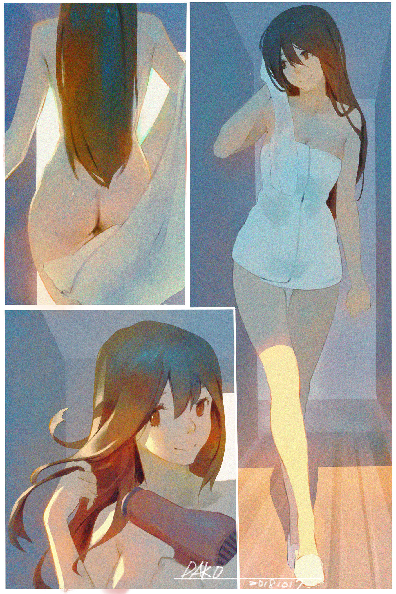 ass, brown hair, drying hair, hu dako, long legs, towel