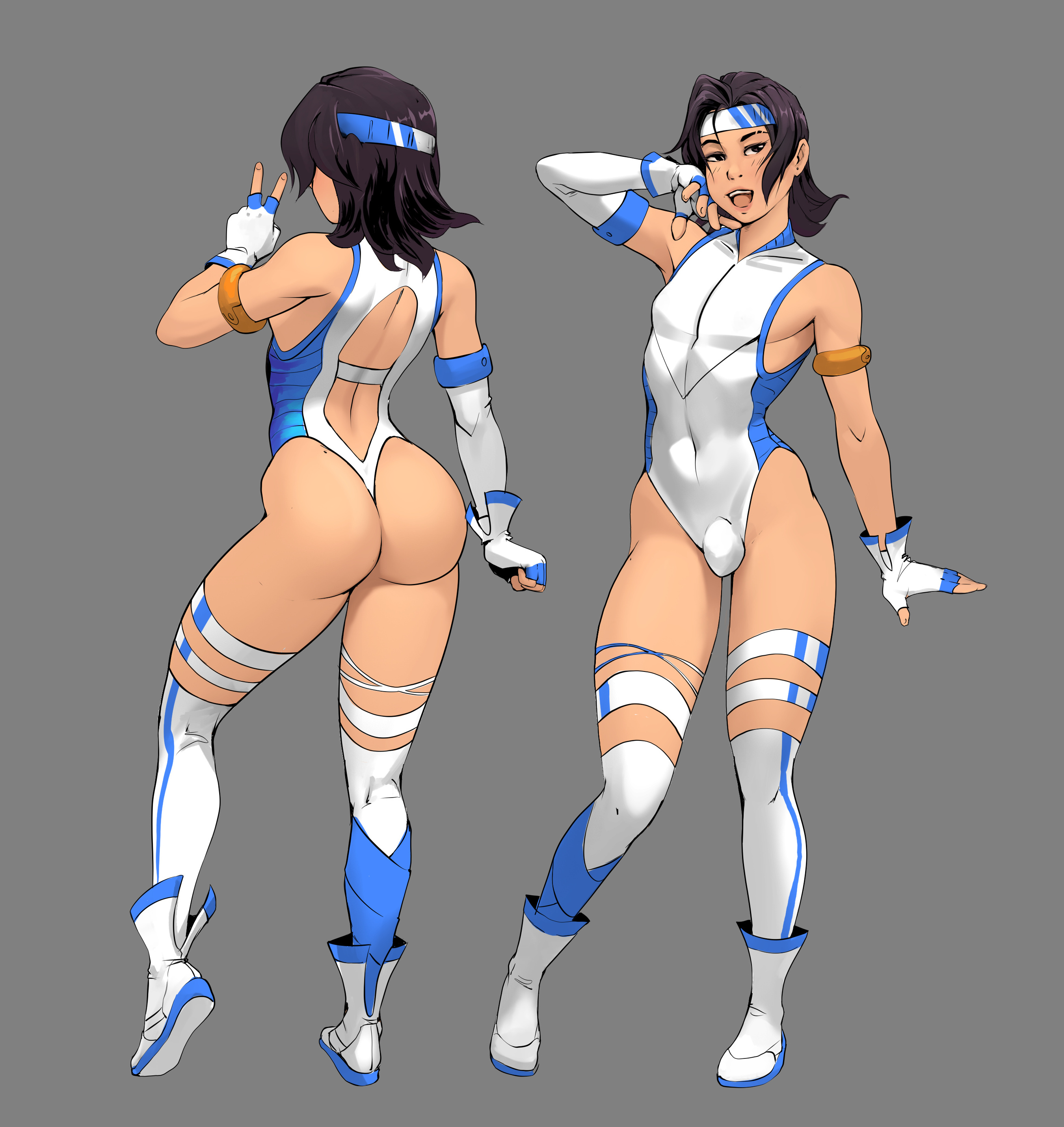1boy, 1femboy, 2d, aly zarathustra, androgynous, ass, black hair, boots, bubble ass, bubble butt, bulge, color, commission, crossdressing, dark skin, dark-skinned femboy, dark-skinned sissy, femboy, femboy only, feminine male, fingerless gloves, girly, gloves, headband, leotard, light skin, light-skinned femboy, light-skinned male, male, male only, medium hair, multiple angles, original, original character, reference sheet, simple background, sissy, solo, thick thighs, thighhighs, trap, twinkle-sez, wrestling outfit