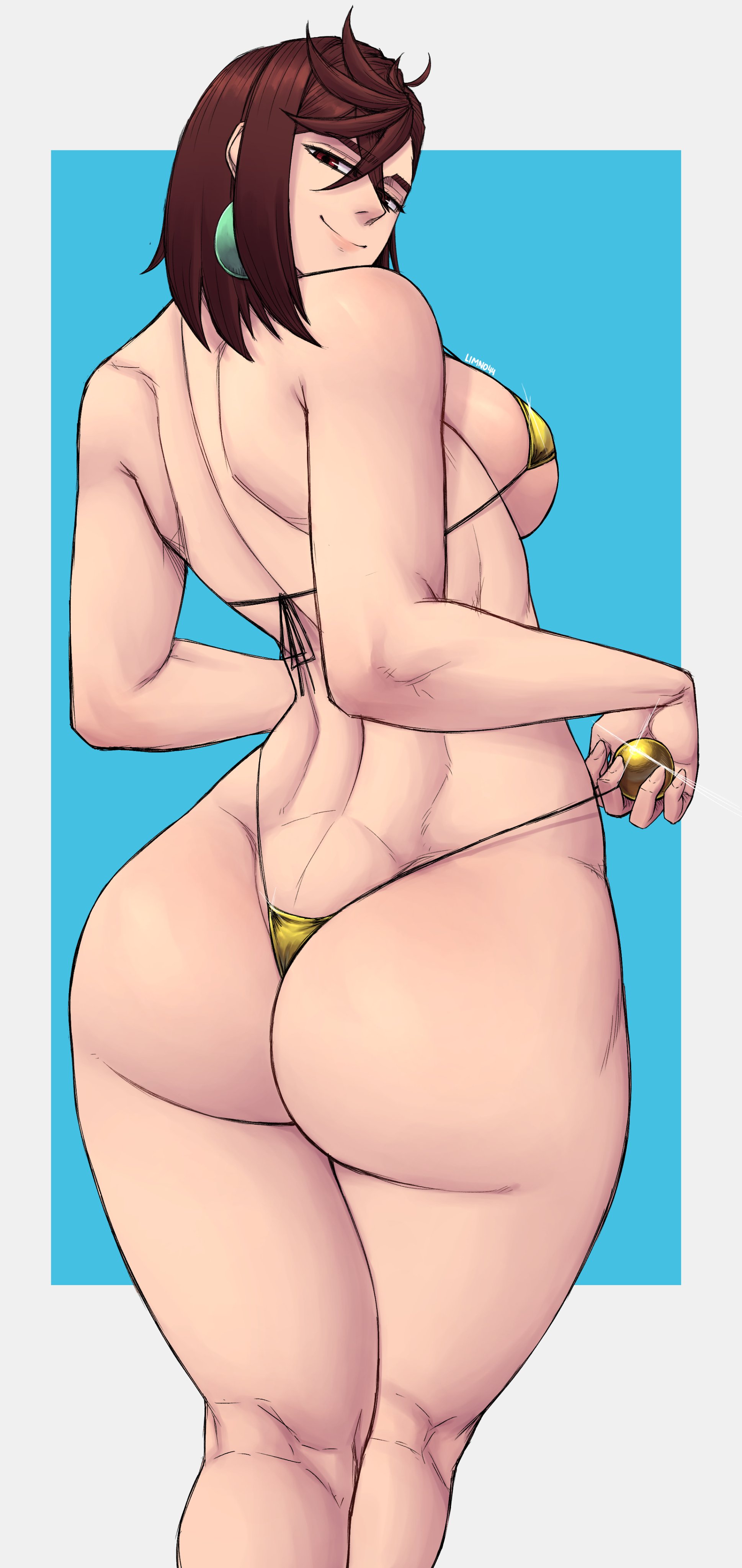 1girls, ass, ayase momo, ball (object), brown hair, brown-haired female, dandadan, earrings, female, holding object, limn044, rear view, red eyes, short hair, solo, solo female, underwear, yellow underwear