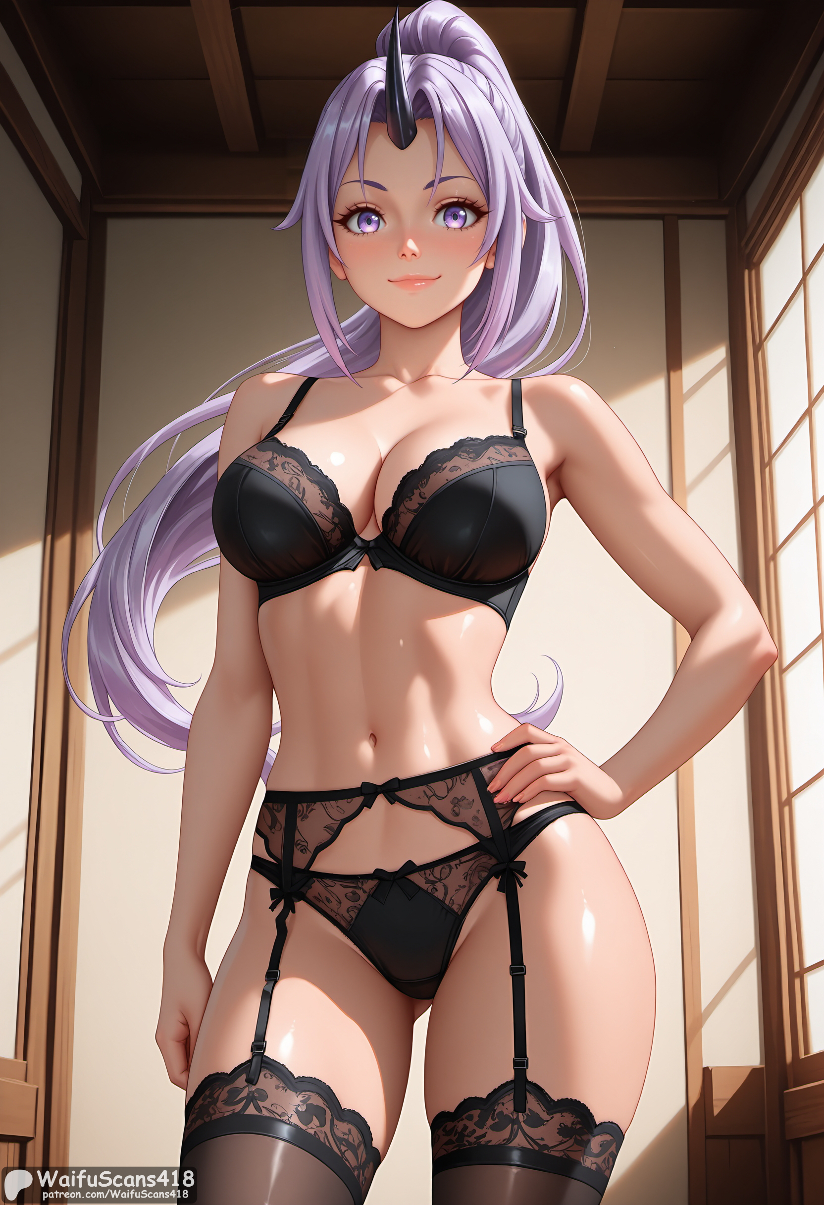 ai generated, ass visible through thighs, black bra, black horns, black panties, black thighhighs, blush, bra, breasts, cleavage, closed mouth, collarbone, cowboy shot, female, garter belt, hand on hip, high resolution, highres, horns, indoors, large breasts, lingerie, long hair, looking at viewer, navel, oni horns, panties, ponytail, purple eyes, purple hair, shiny, shiny skin, shion (tensei shitara slime datta ken), single horn, smile, solo, stable diffusion, standing, tensei shitara slime datta ken, thighhighs, underwear, underwear only, waifuscans418