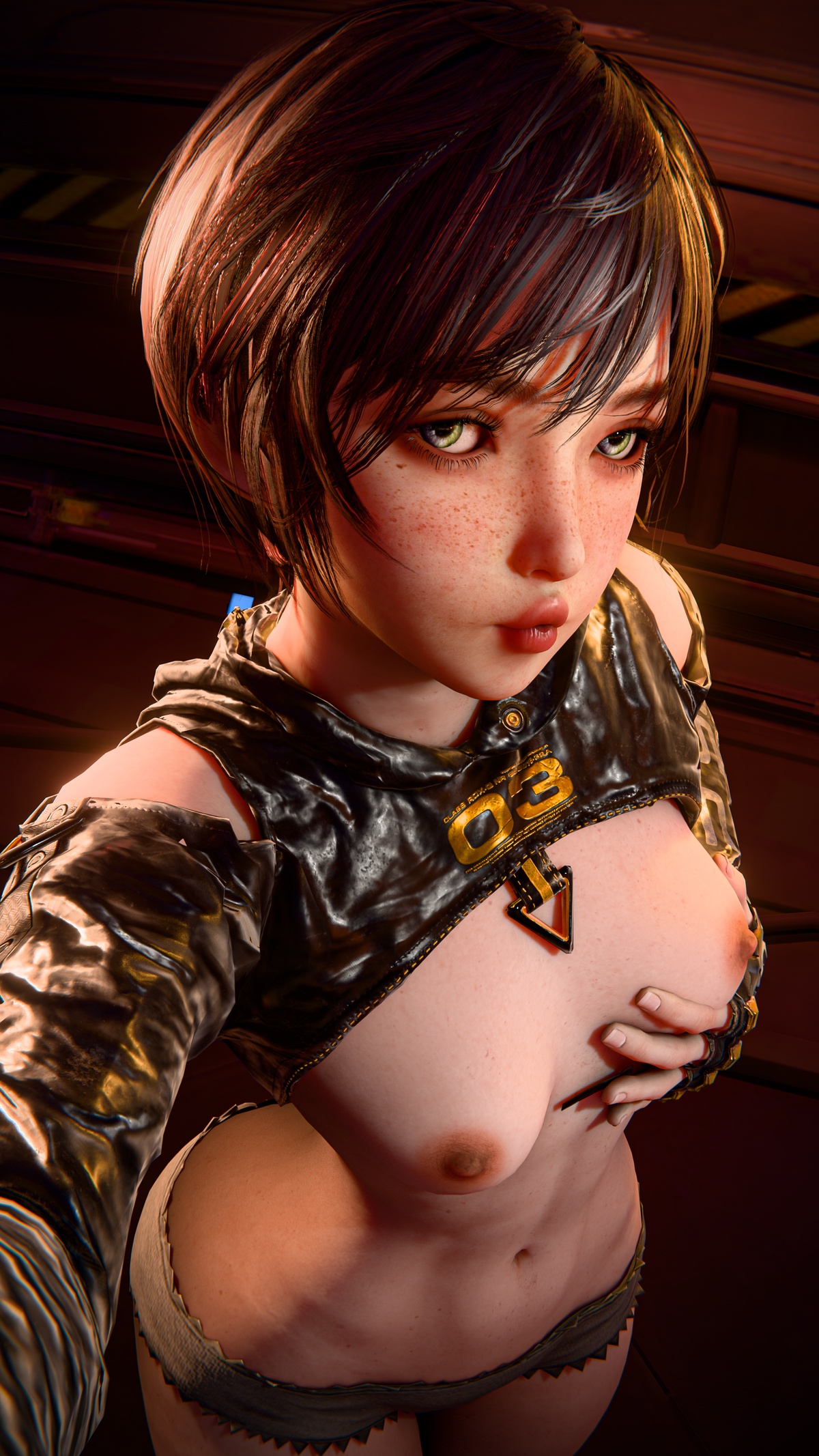 3d, 3d (artwork), breasts, brown hair, female, female torso, freckles, green eyes, hand on breast, initial a, lily artemis ii, stellar blade, tagme