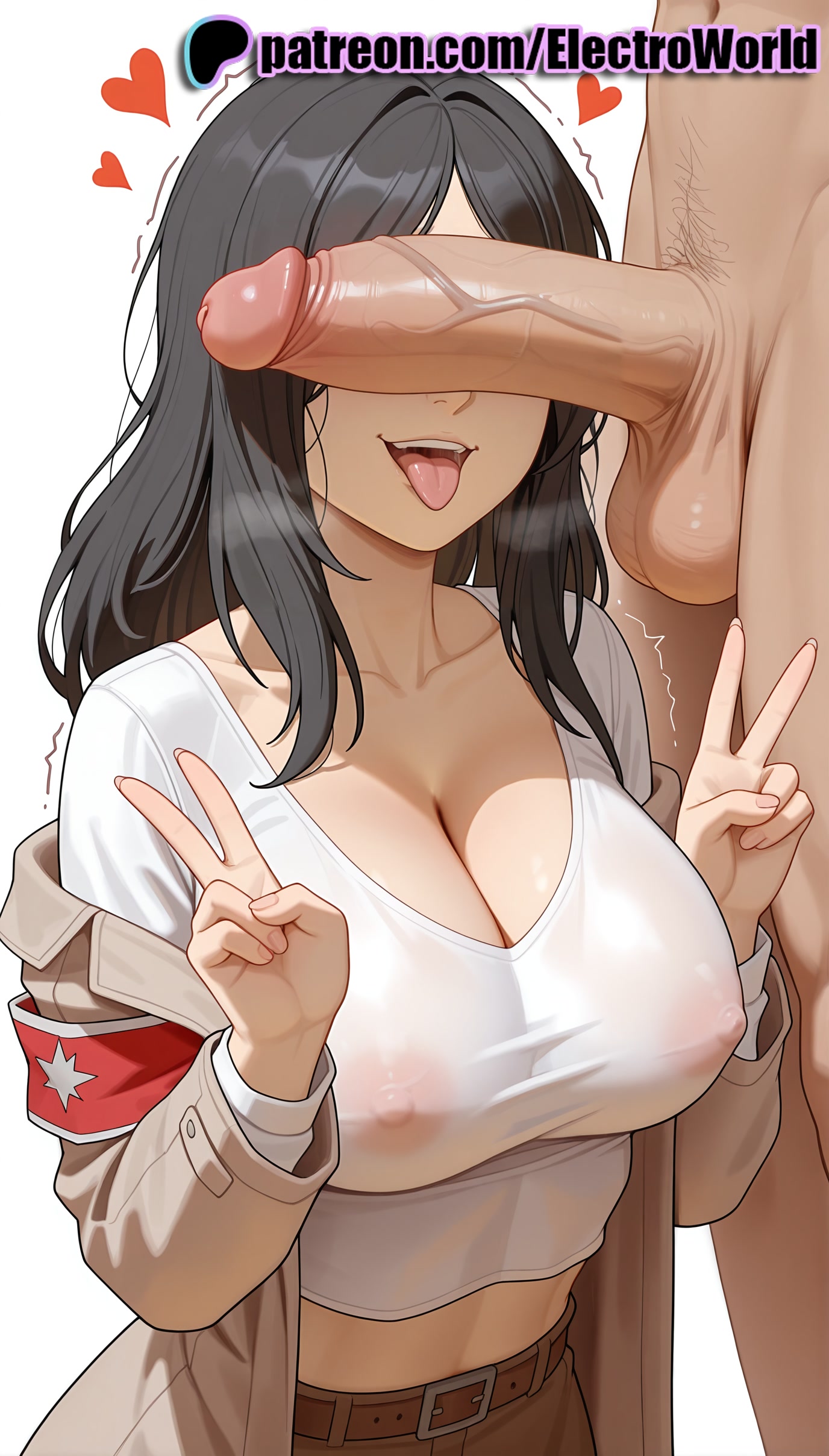 1boy, 1girls, 2025, ai generated, artist name, attack on titan, balls, belt, big breasts, big chest, black hair, breasts, bust, busty, chest, cleavage, clothed female nude male, cock, covered nipples, dick, double v, electroworld, erection, female, head out of frame, heart, hi res, high quality, high resolution, highres, jacket, large breasts, large penis, male, male pubic hair, patreon, patreon username, penis, penis on face, pieck finger, precum, pubic hair, see-through, shingeki no kyojin, stable diffusion, straight, testicles, tongue, tongue out, trembling, twitching penis, uncensored, v, w, watermark