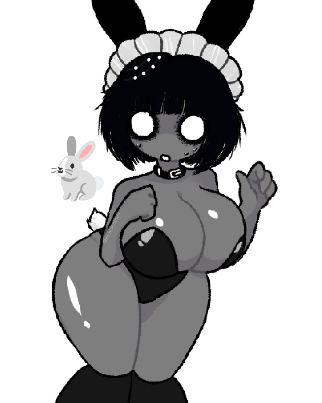 1girls, 2d, 2d (artwork), 2d artwork, ass, big breasts, black hair, blank eyes, breasts, bunny costume, bunny ears, bunny girl, bunny tail, bunnysuit, choker, cleavage, cleavage overflow, curvaceous, curvy, curvy body, curvy female, curvy figure, deep cleavage, female, grey body, grey skin, hira.shotgun, huge breasts, large breasts, maid bunny, maid headdress, original character, playboy bunny, roblox, roblox avatar, robloxian, short hair, side ass, simple background, solo, solo female, solo focus, sweat, sweatdrop, sweating, thick ass, thick hips, thick thighs, thighs, unique style, voluptuous, voluptuous female, white background, white eyes, wide hips