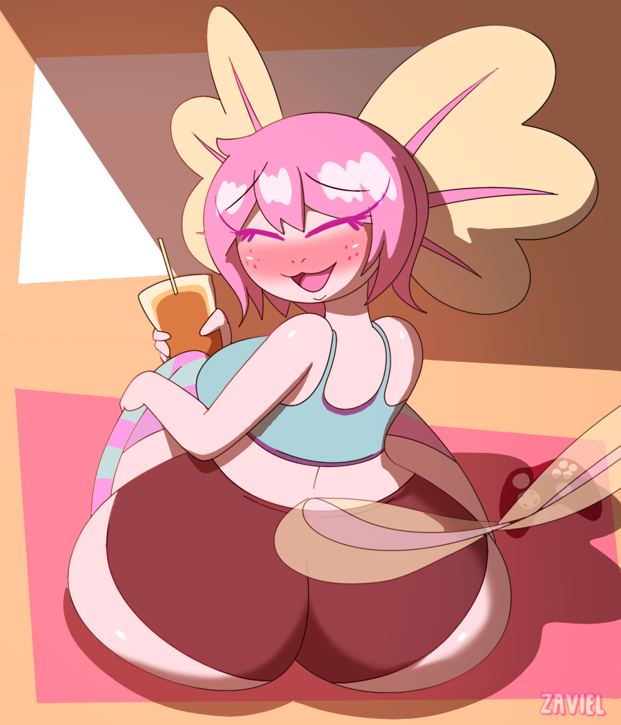 ass big_ass cute facing_viewer juice looking_back pink_body sitting smile vitzy_(vitzypie) vitzypie zaviel