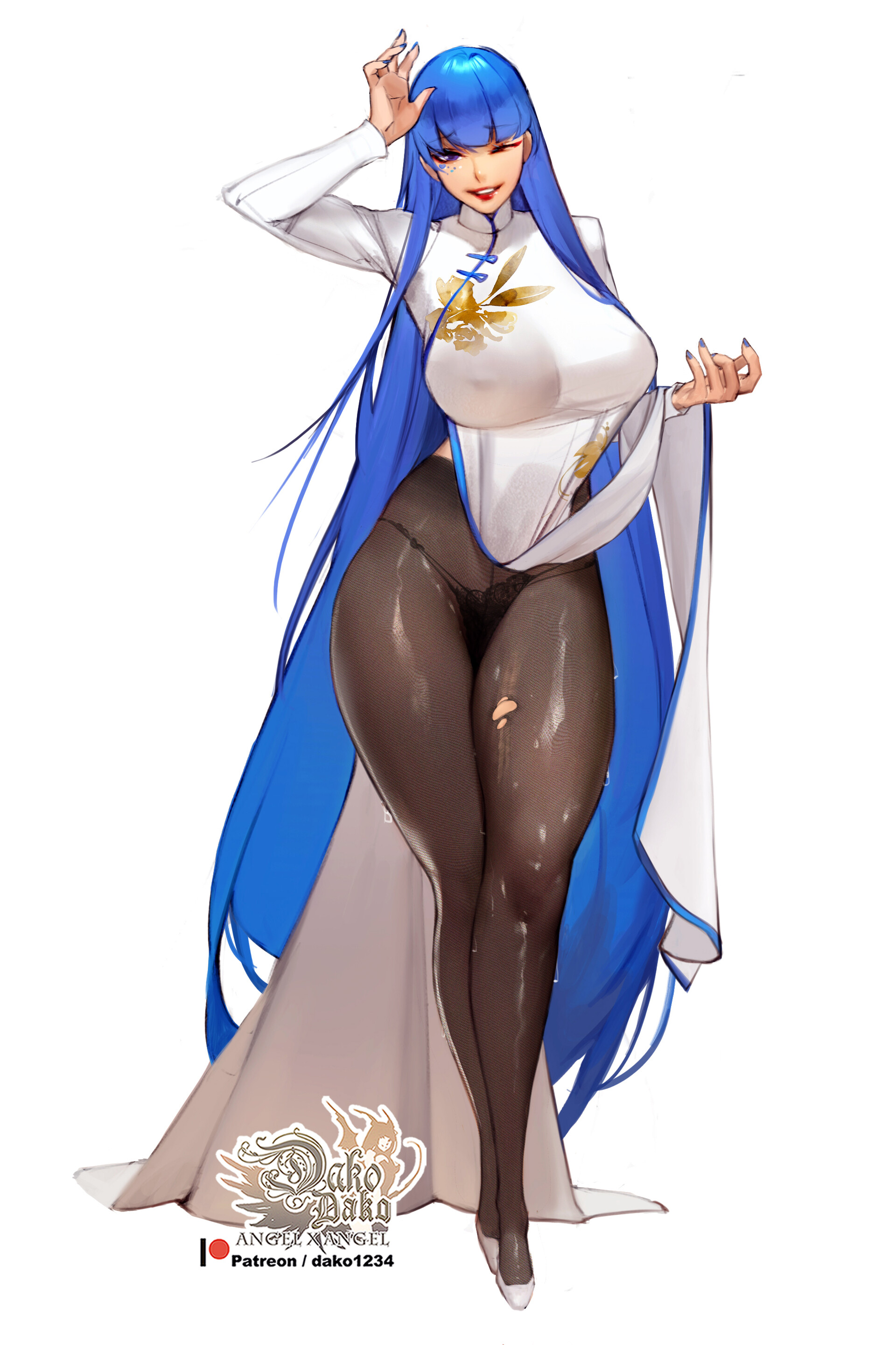 big breasts, black panties, blue eyes, blue hair, blue nails, breasts, female, high heels, hu dako, lace panties, lifting skirt, long hair, longsleeve, pantyhose, qipao, qipao dress, ripped clothing, ripped pantyhose, smile, tights, wink