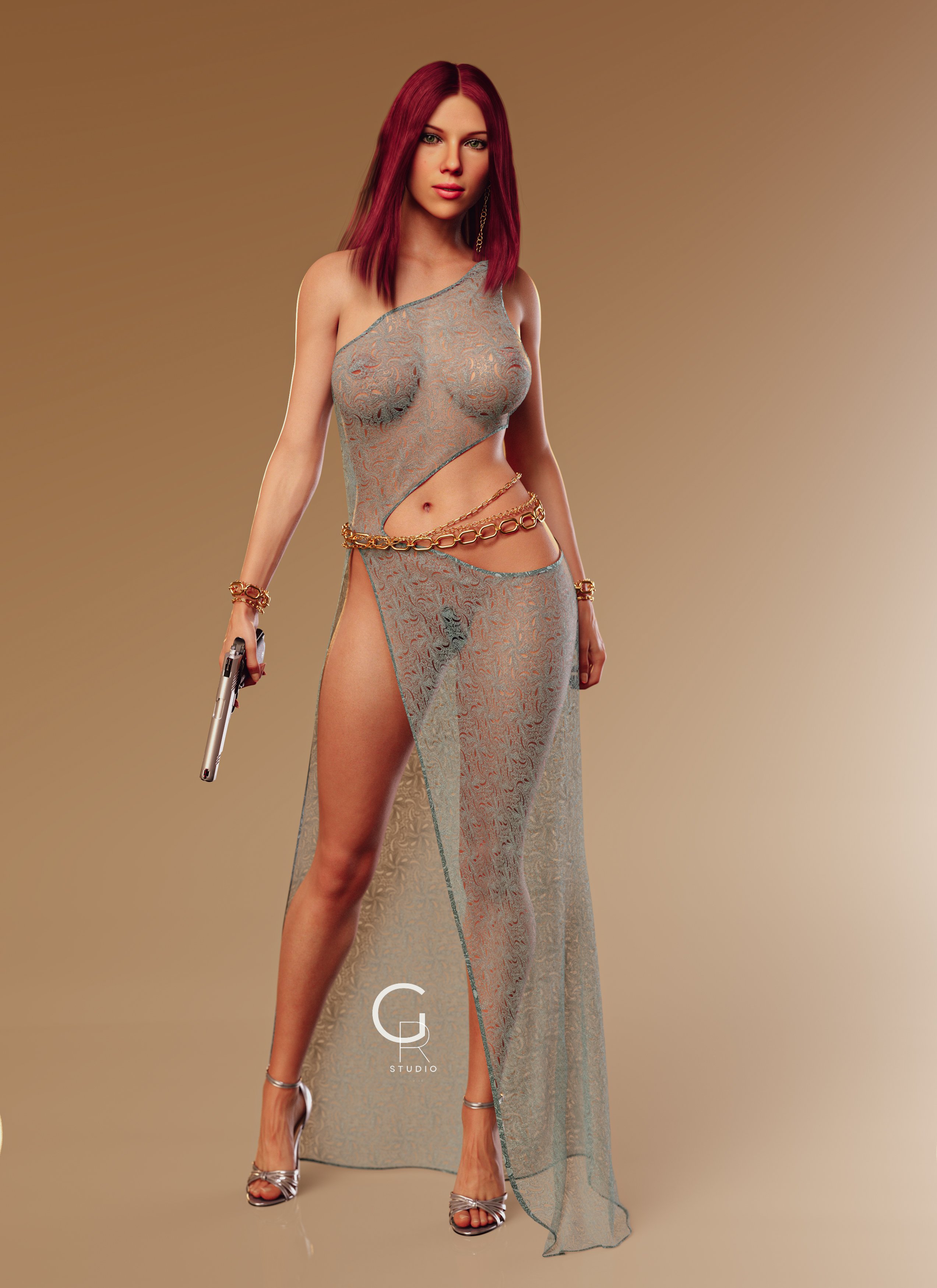 1girls, 3d, black widow (marvel), breasts, female, female only, giorgio rendering, gun, marvel, marvel cinematic universe, marvel comics, nipples, nipples visible through clothing, pubic hair, pussy, red hair, scarlett johansson, solo, translucent clothing