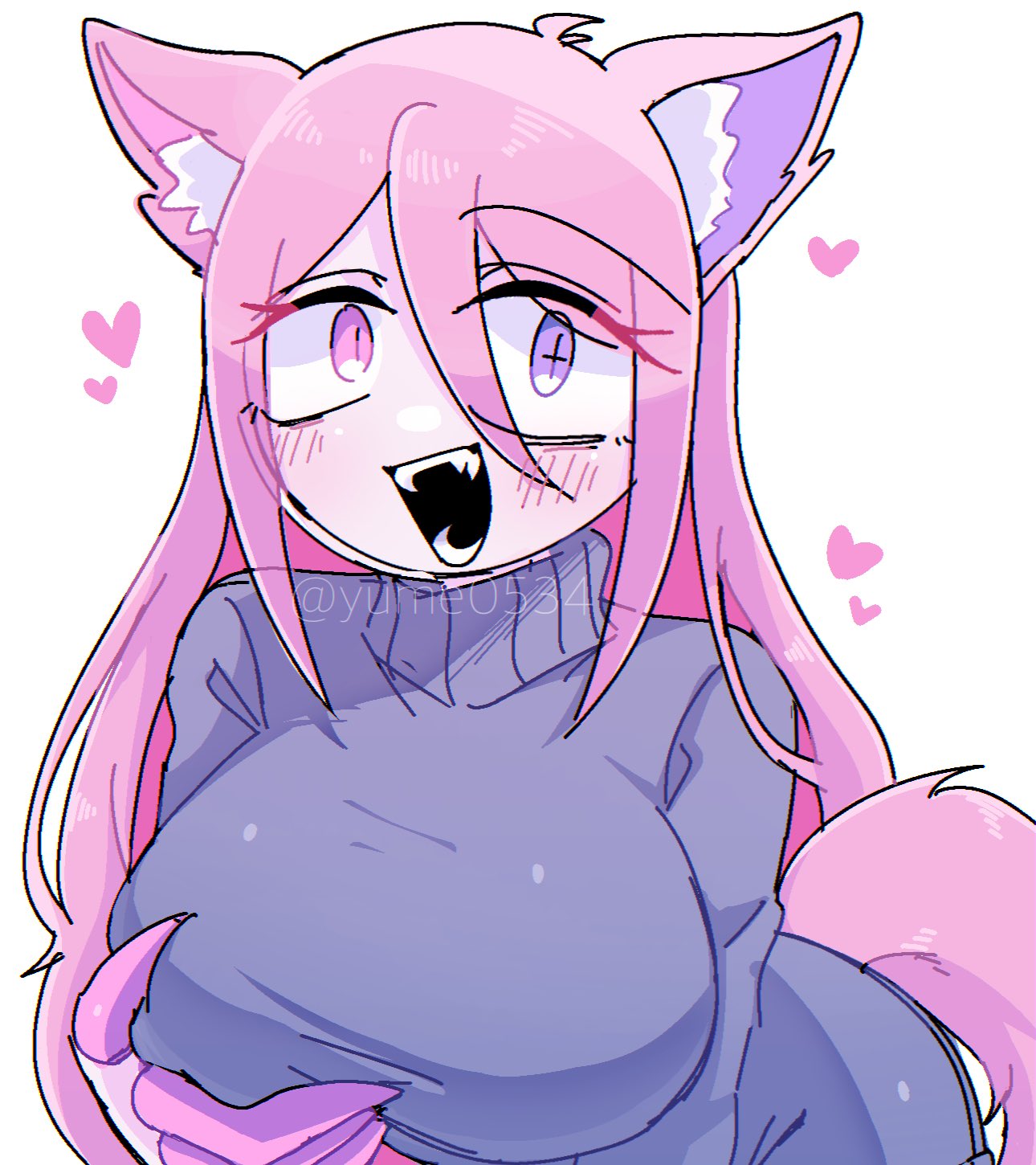 1girls, amaryllis (yume0534), ass, big breasts, blush, breast grab, breasts, female, female only, furry ears, grabbing own breast, heterochromia, large breasts, long hair, looking at viewer, pink hair, smile, smiling, smiling at viewer, solo, solo female, sweater, tail, yume0534