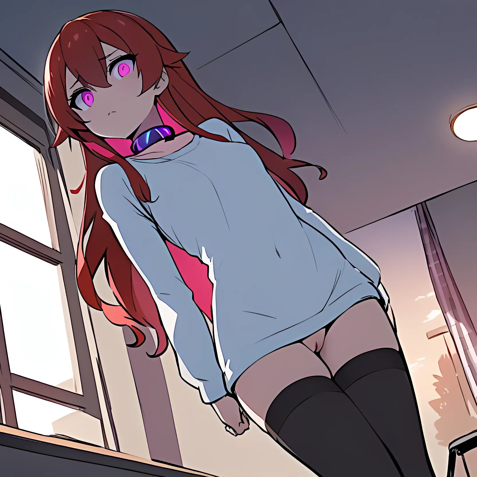 1girls, ai assisted, ai generated, collar, eris greyrat, female, female only, hypnosis, masterpiece, mind control, mushoku tensei, no panties, pink eyes, pussy, red hair, solo, standing, stockings, straight, t-shirt, zxcsuxarik3