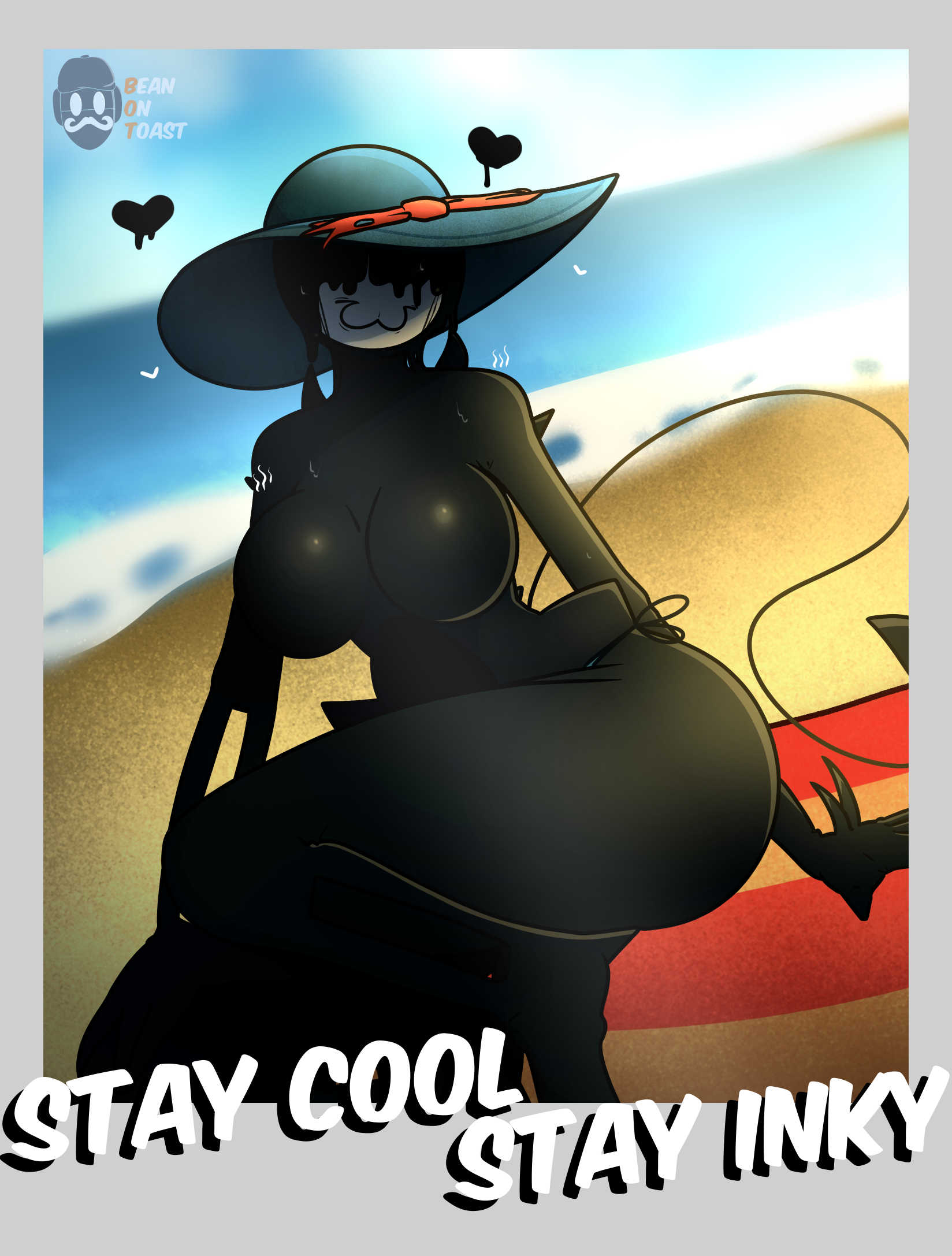 2025, 2d, 2d (artwork), 2d artwork, artist logo, artist name, beach, beach background, beach hat, beanontoast, bendy, bendy and the dark revival, bendy and the ink machine, bendy fem, big breasts, black body, breasts, demon, demon girl, female, horns, ink demon, no nipples, thick thighs