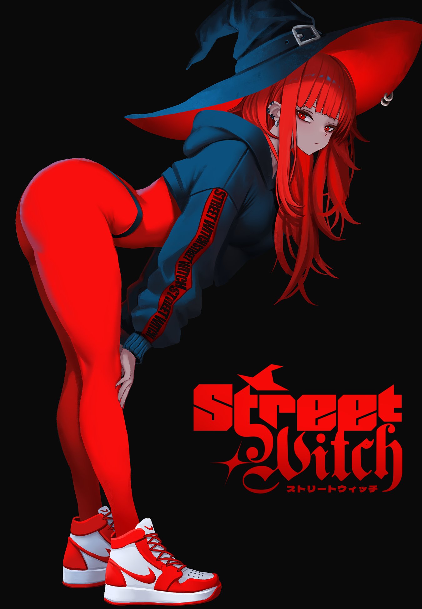 1girls, arched back, ass, bending over, bent over, big ass, black background, black hoodie, bodysuit, closed mouth, commentary, cropped hoodie, ear piercing, earrings, english text, female, female only, from side, full body, hands on own knees, hat, highres, hood, hoodie, jewelry, long hair, long sleeves, looking at viewer, original, pantyhose, piercing, red bodysuit, red eyes, red hair, shoes, sneakers, solo, text, tight clothing, two-sided fabric, two-sided headwear, val (yan kodiac), witch hat, yan kodiac