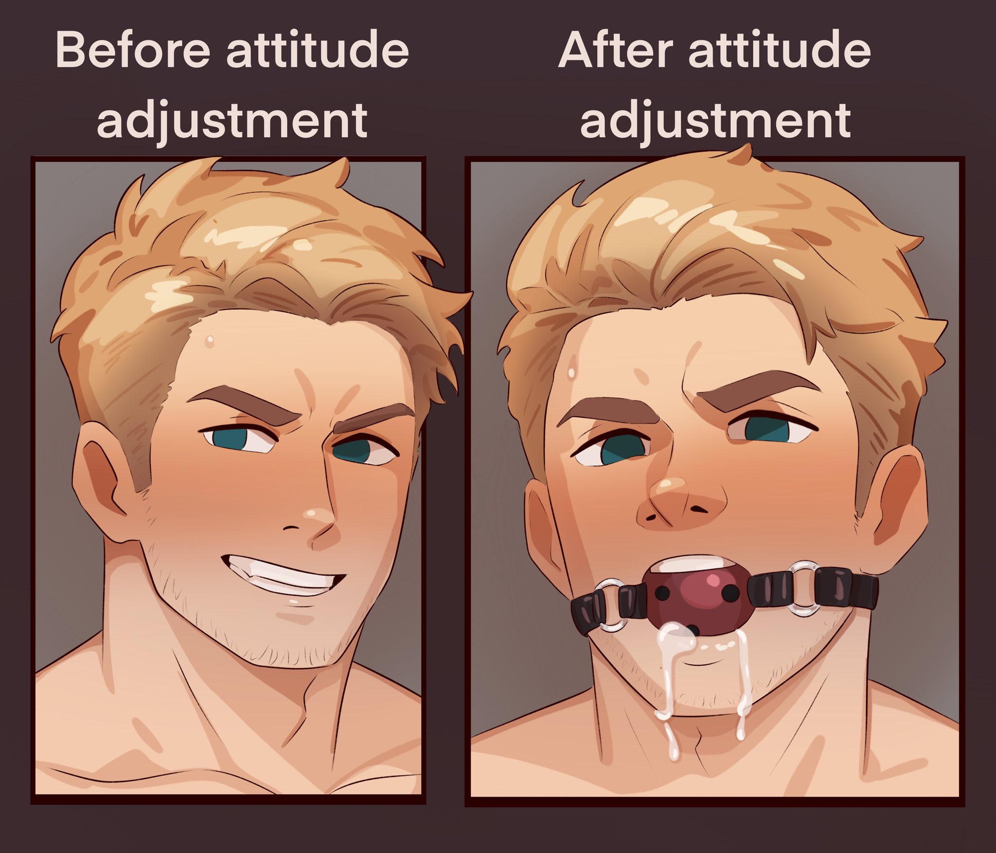 1boy, artist name, ball gag, bara, before and after, blonde hair, blue eyes, blush, domination, domination loss, english text, face closeup, gag, gag bondage, gay, gay domination, gay male, instant loss, instant loss 2koma, kingcorvo, male, male focus, male only, muscular, muscular male, no visible genitalia, oral, original, original character, submissive, submissive male, text, yaoi
