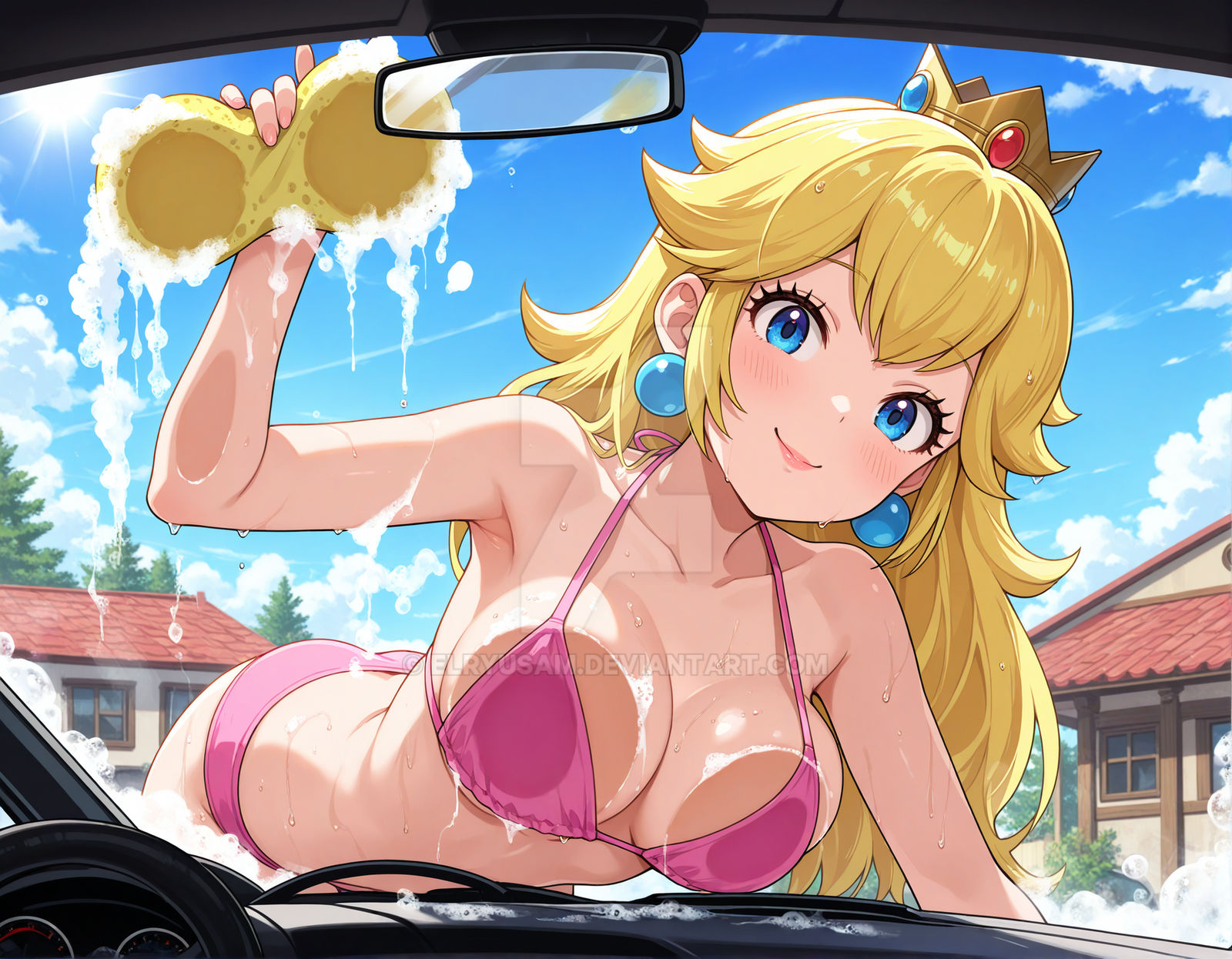 2025, ai generated, blonde female, blonde girl, blonde-haired female, blue earrings, blue eyes, deviantart, elryusam, female, golden crown, holding sponge, hot chick, mario (series), meta, nintendo, not porn, orange cheeks, orange lipstick, pink bikini, princess peach, sexy body, sexy female, sexy woman, sexy.ai, super mario bros., washing car, wet bikini, wet body, wet skin