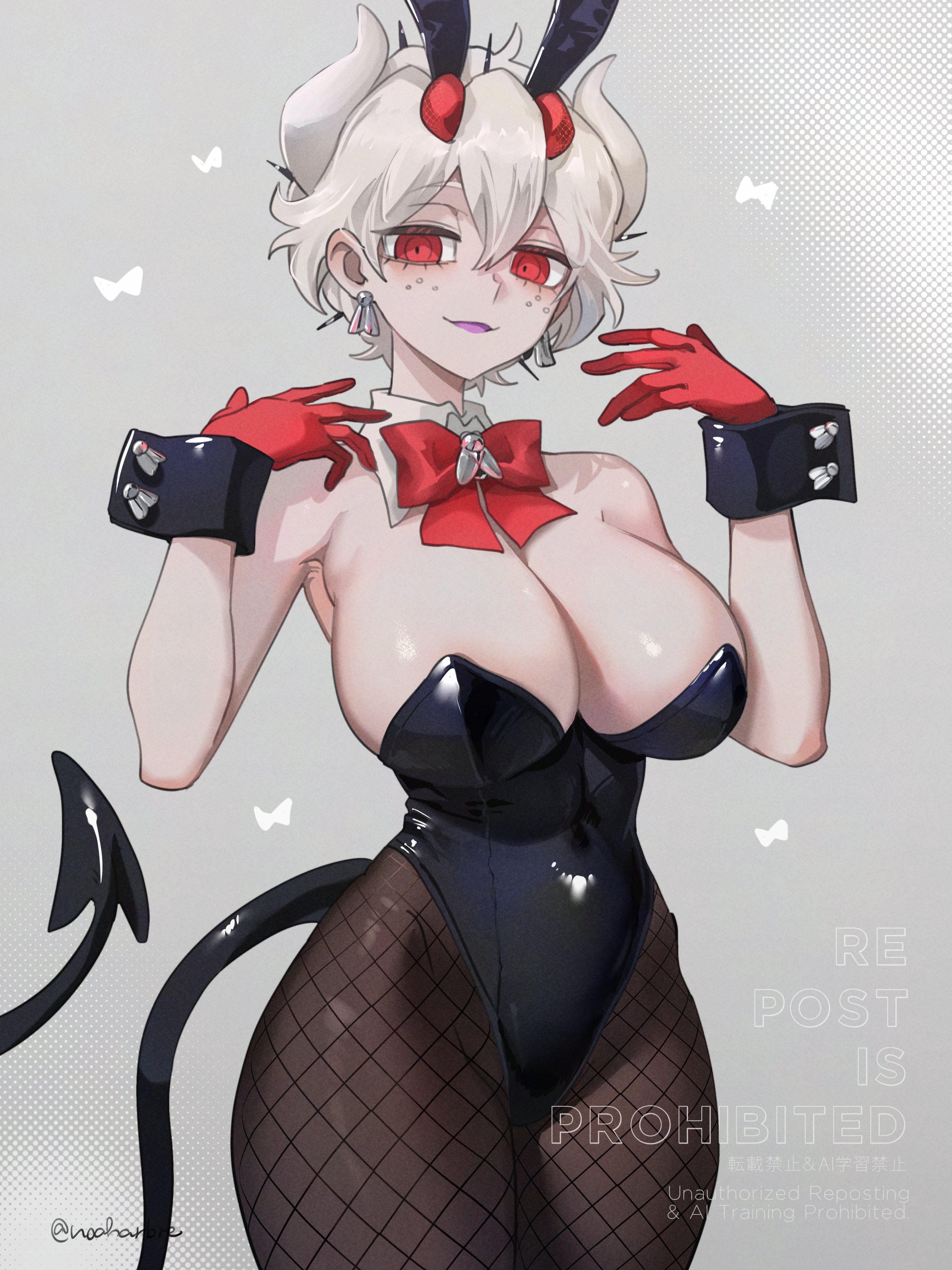 absurdres, animal ears, bare shoulders, beelzebub (helltaker), breasts, brown pantyhose, bunny ears, bunnysuit, cleavage, commentary, demon, demon girl, demon tail, fake animal ears, female, fishnet pantyhose, fishnets, freckles, gloves, gradient background, grey background, grey hair, helltaker, highres, large breasts, leotard, looking at viewer, noah (tettsui-sole), noaharbre, pantyhose, playboy bunny, rabbit ears, red eyes, red gloves, short hair, solo, tail, white hair