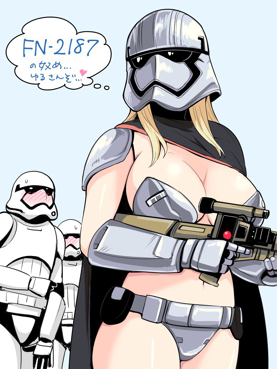 1girls 2boys almost_naked almost_nude background background_character blonde_female blonde_hair blush bra cape captain_phasma first_order_stormtrooper gloves gun hearts_around_text helmet helmet_covering_face helmet_with_visor japanese_text large_breasts panties rifle shoulder_pads simple_background star_wars thought_bubble white_background