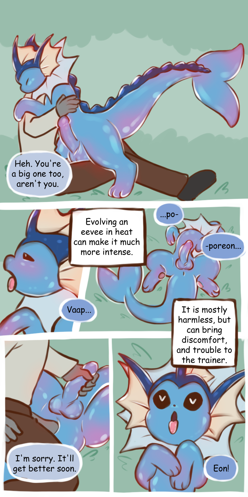 anal anal_sex balls blue_body blue_skin comic duo eeveelution english_text erection feral fin floofyskydraws frill_(anatomy) generation_1_pokemon genitals glistening glistening_body grey_body grey_skin head_fin heart_eyes heart_symbol hi_res human human_on_feral interspecies lying male male/male mammal nintendo on_back penetration penis penis_grab pokemon pokemon_(species) pokemon_speak pokephilia simple_background tail tail_fin text tongue tongue_out vaporeon zoophilia