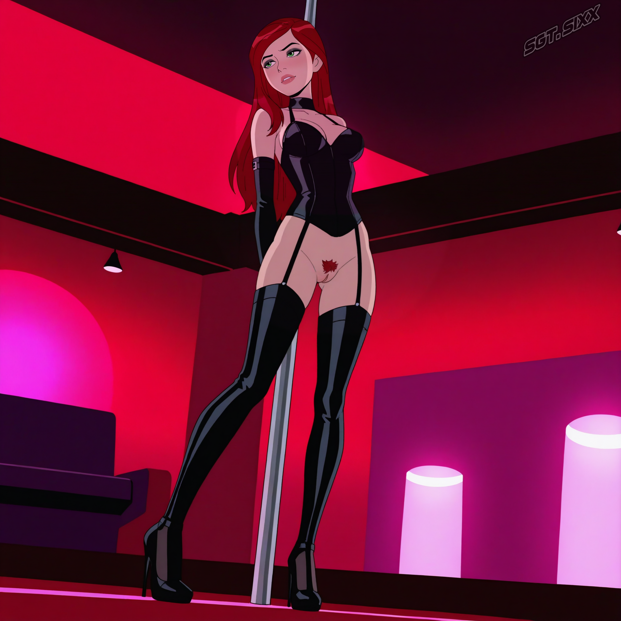 ai generated, ben 10, ben 10 alien force, ben 10 ultimate alien, black eyeshadow, exotic dancer, female, goth, green eyes, gwen tennyson, gwen tennyson (alien force), gwen tennyson (ultimate alien), high heels, leather clothing, leather gloves, leather straps, leggings, nightclub, pole, pole dancer, pole dancing, pubic hair, red hair, sgt.sixx, stiletto heels, strip club, stripper, stripper clothes, stripper pole, stripping, striptease