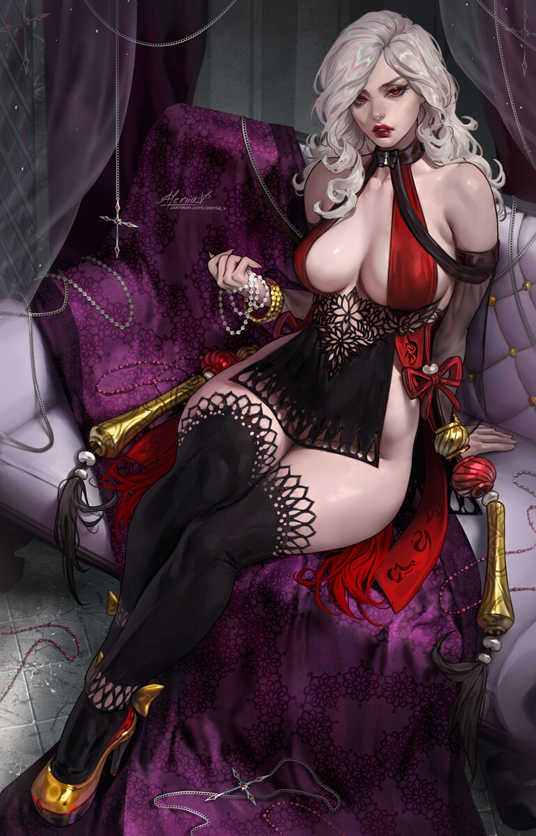 beads, breasts, cleavage, collar, female, high heels, lerapi, lipstick, looking at viewer, original character, red eyes, revealing clothes, sitting on chair, stockings, white hair