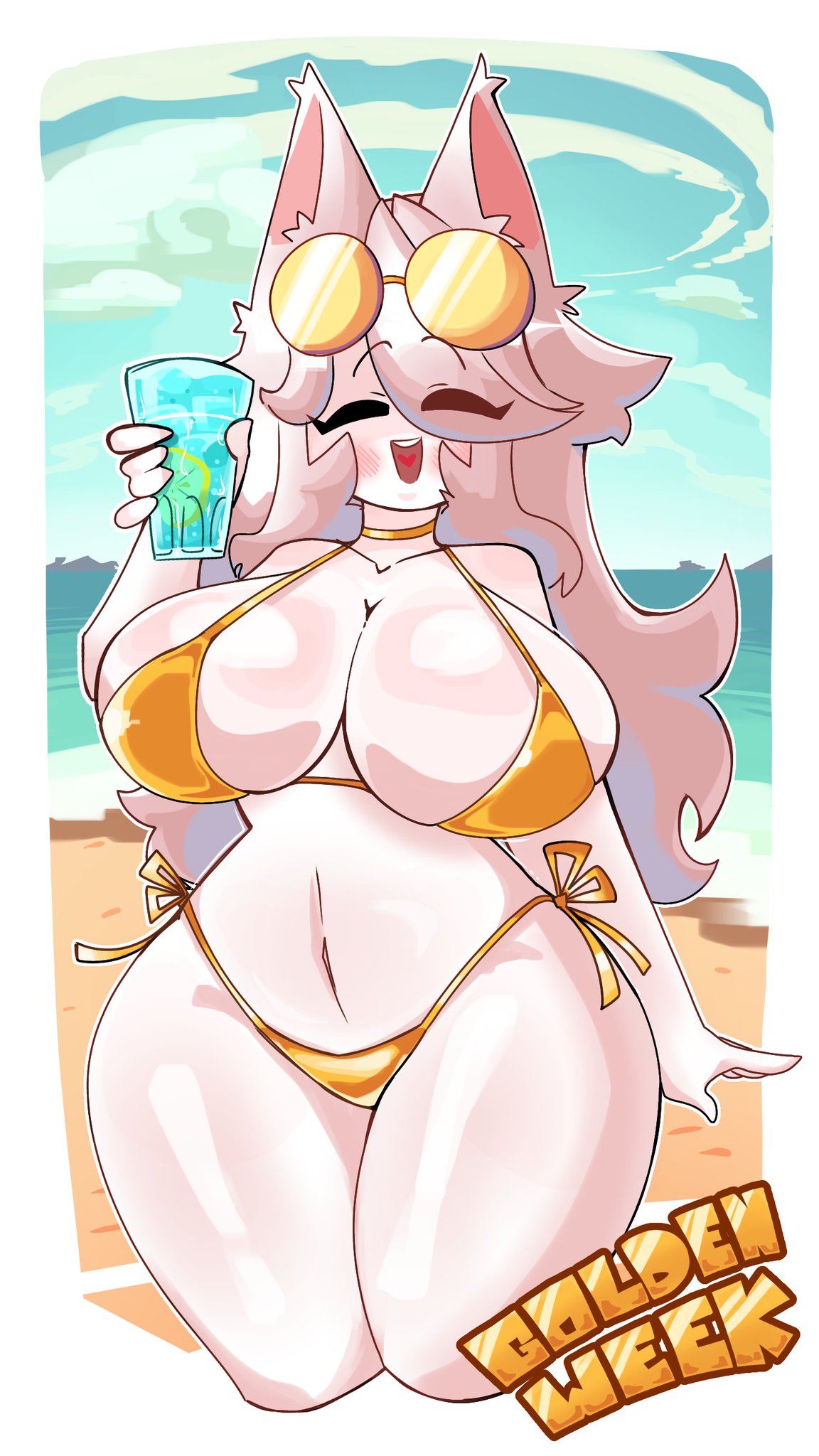 :d, 1girls, beach, bikini, breasts, closed eyes, cute face, female, furry ears, golden bikini, golden week, grey hair, happy, large breasts, long hair, smile, solo, solo female, tacat, thick thighs, thighs