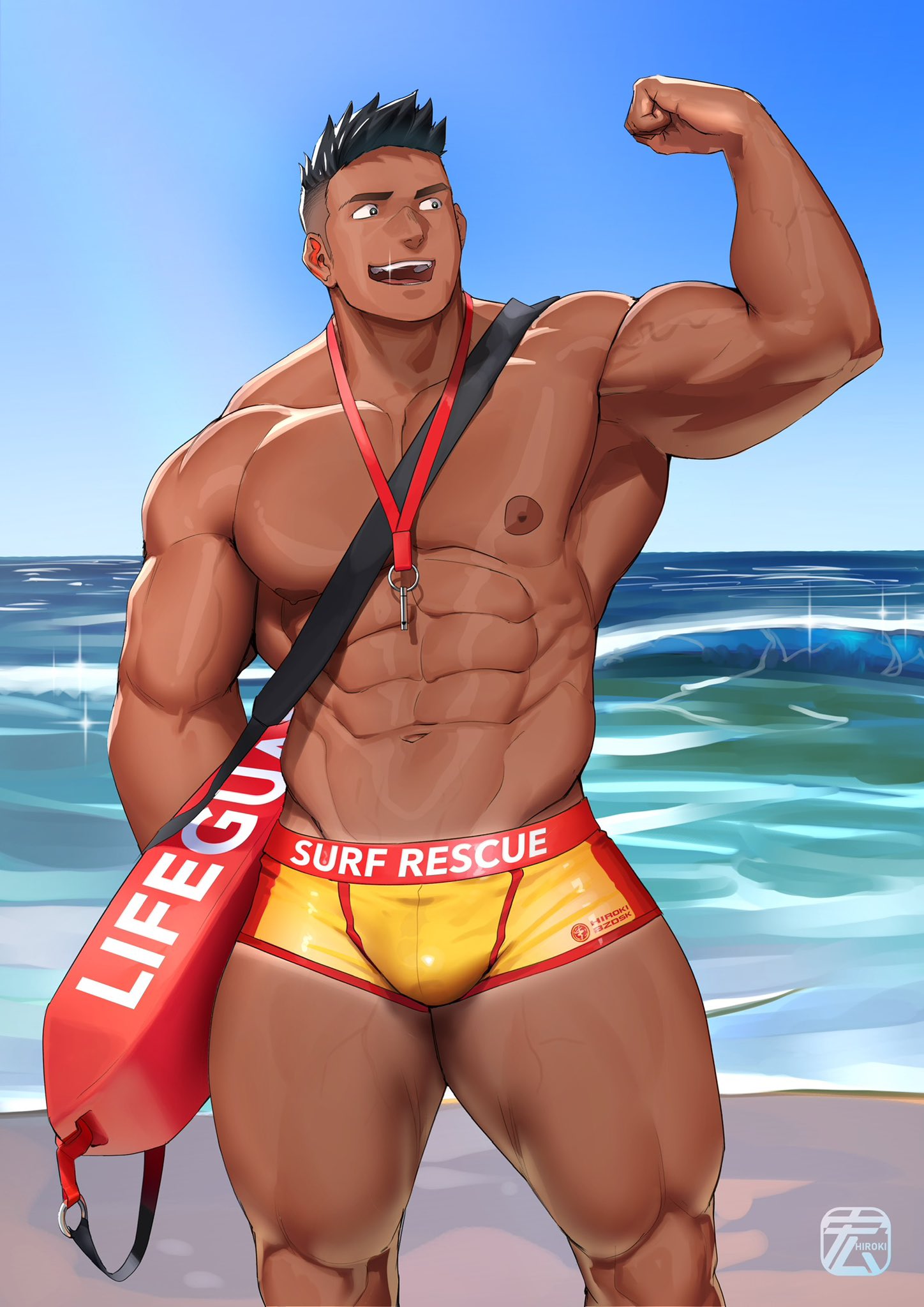 abs beach bulge bulge_through_clothing dark_hair flexing_arms flexing_bicep hiroki_bzdsk lifeguard male male_nipples male_only muscular_male muscular_thighs oc solo speedo swim_briefs undercut