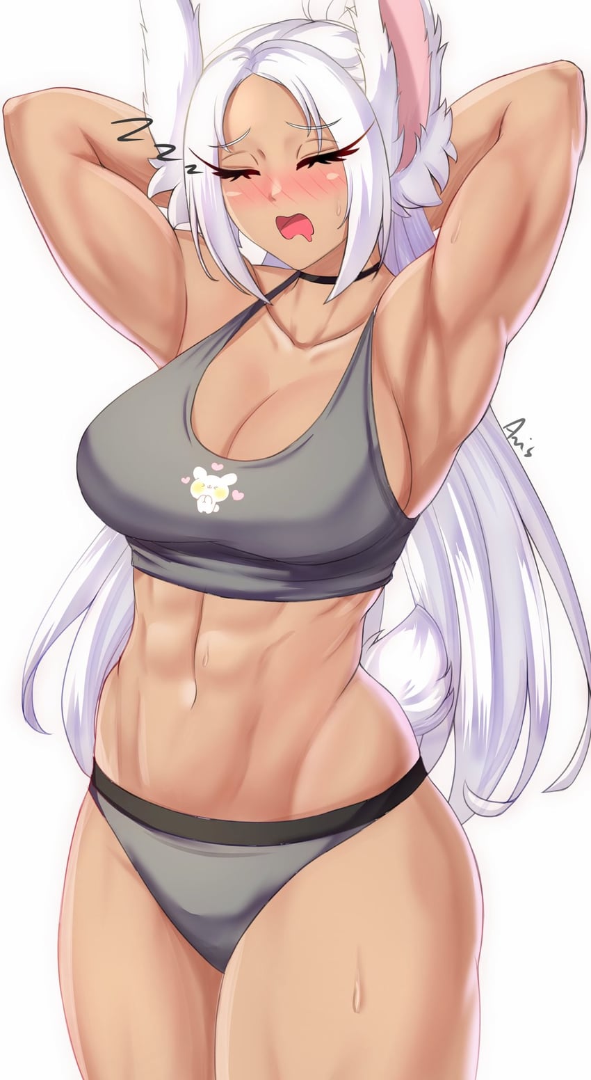 1girls abs anisdrawn armpits arms_up athletic_female blush boku_no_hero_academia breasts bunny_ears choker cleavage closed_eyes cowboy_shot crop_top dark-skinned_female dark_skin hands_behind_head hands_behind_neck large_breasts long_eyelashes long_hair midriff miruko muscles muscular muscular_female my_hero_academia navel open_mouth rabbit_girl rabbit_tail rumi_usagiyama sleeping solo sport_clothes sports_bra standing sweat thighs tight_clothing tongue underwear usagiyama_rumi white_background white_hair zzz