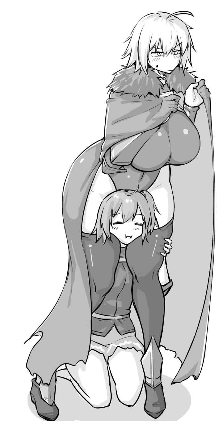 between thighs, big breasts, blush, breasts, fate (series), fate/grand order, female, fujimaru ritsuka (female), jeanne alter, nia i, thick thighs, yuri