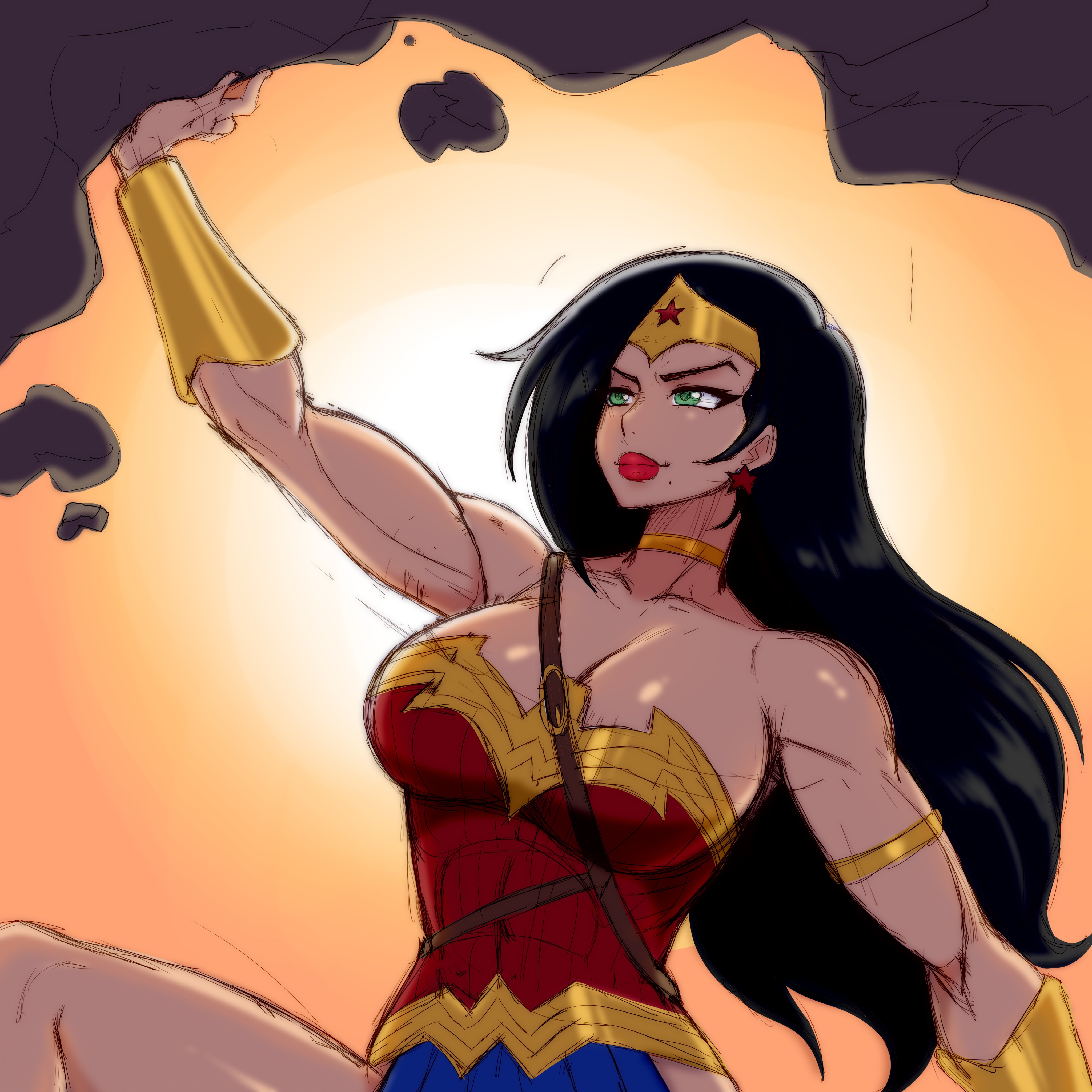 amazon, big breasts, black hair, blue eyes, breasts, cleavage, curvaceous, curvy, curvy body, curvy female, curvy figure, dc, dc comics, diana prince, female, heroine, hourglass figure, long hair, muscular, muscular arms, red lipstick, simmsy, superhero costume, superheroine, tiara, voluptuous, voluptuous female, wavy hair, wonder woman, wonder woman (series)