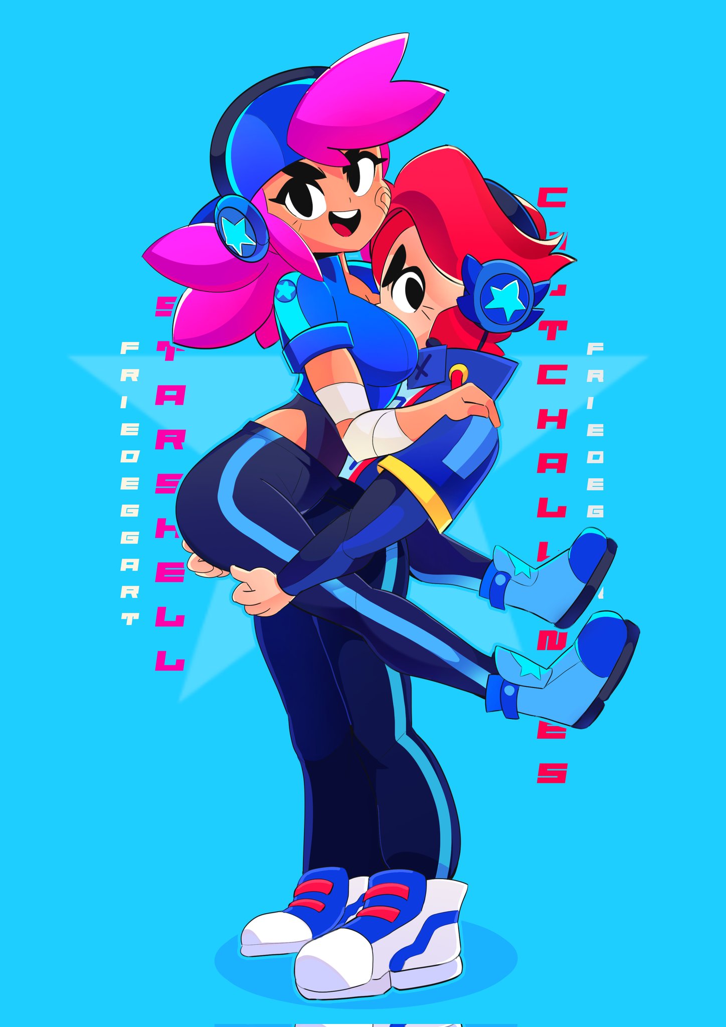 1boy 1girls ass between_breasts brawl_stars colt_(brawl_stars) face_in_breasts hat head_between_breasts large_breasts leotard purple_hair red_hair shelly_(brawl_stars) star_shelly