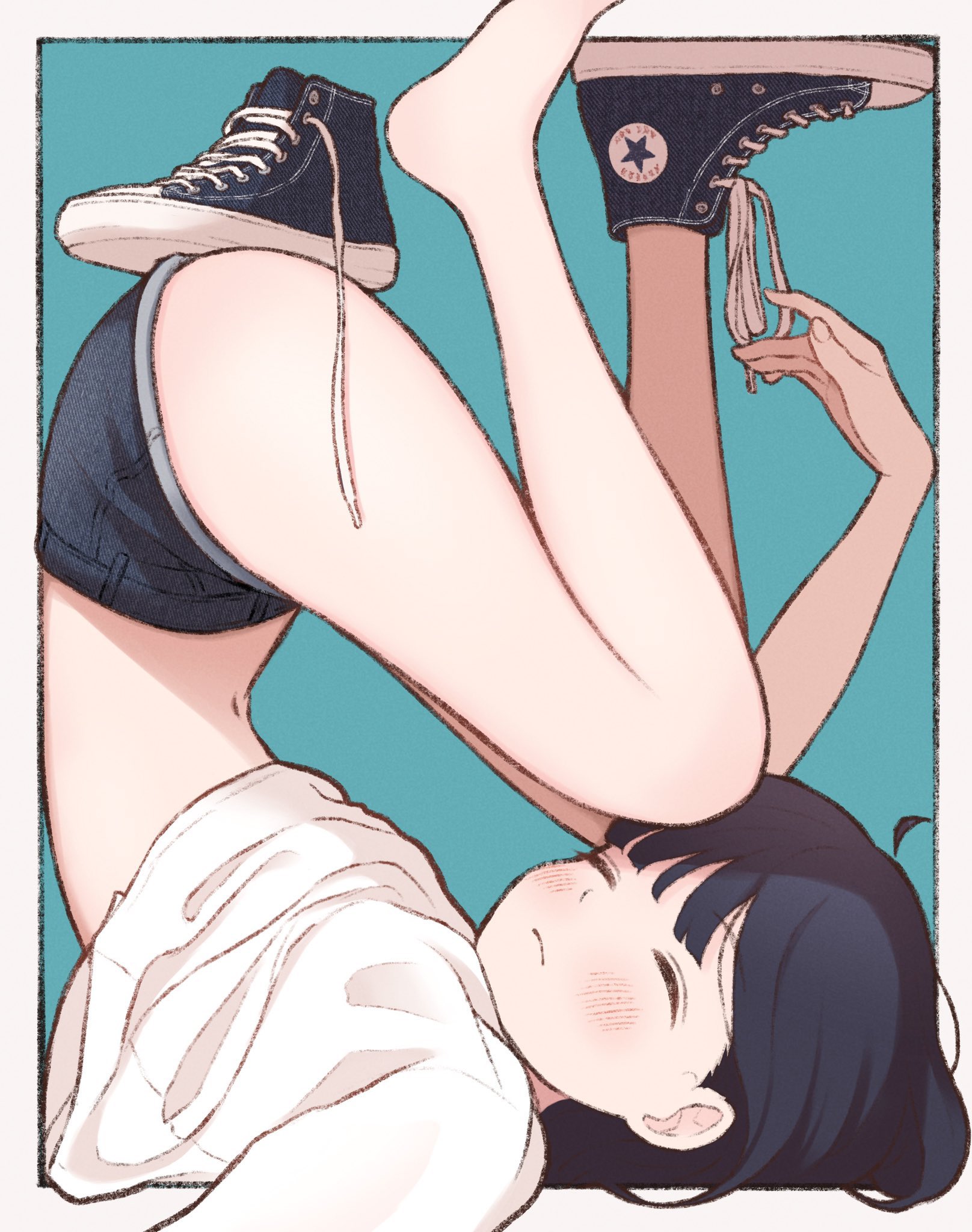 barefoot, black hair, blue eyes, blush, closed eyes, feet, female, issakawaguchi, legs, oc, one shoe on, original, original character, shirt, shoes, short hair, short jeans, shorts, soles, solo, solo female, tired, toes, upside-down, white shirt