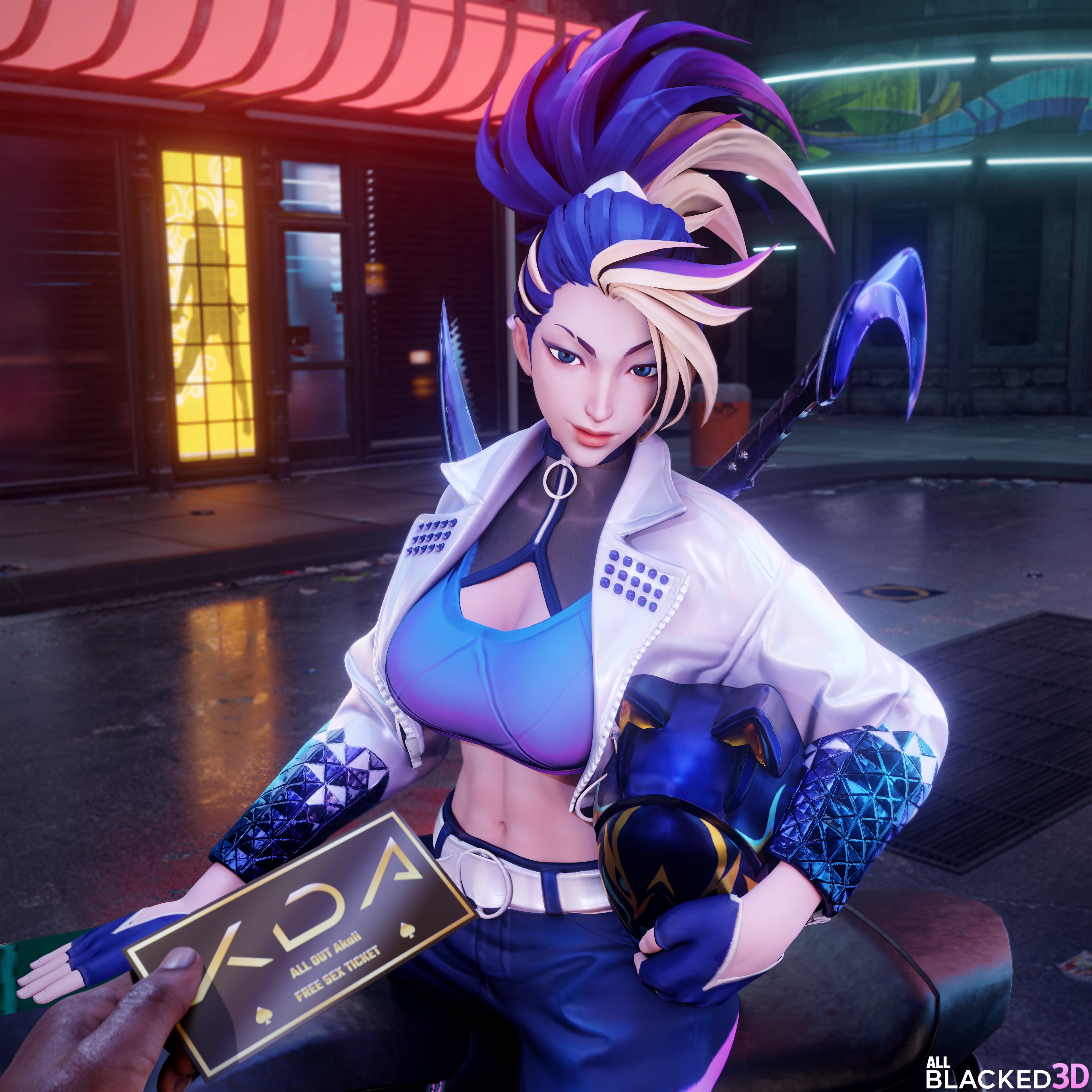 3d, 3d (artwork), akali, allblacked3d, big breasts, breasts, dark skin, dark-skinned male, female, female focus, hi res, high resolution, highres, k/da akali, k/da all out akali, k/da all out series, k/da series, league of legends, light skin, light-skinned female, male, male pov, male/female, riot games