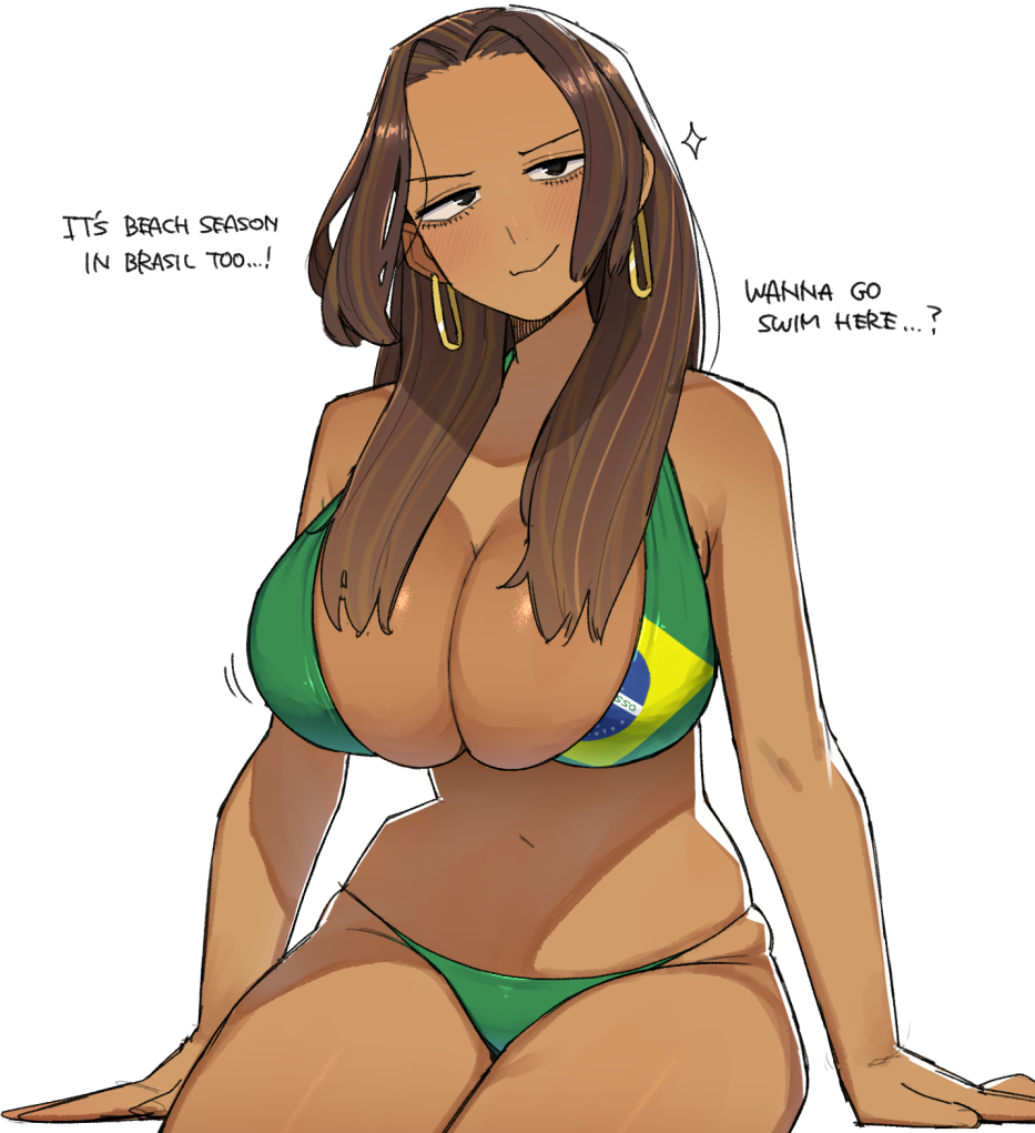 1girls big_breasts bikini boob_window brazil_(ohasi) brazilian brazilian_female brazilian_flag_bikini breasts breasts_bigger_than_head brown_hair cleavage curvy curvy_female curvy_figure dark-skinned_female dark_skin female female_only flag_bikini flag_print flag_print_bikini flag_print_swimsuit hoop_earrings latina long_hair navel ohasi sitting smile smiling solo solo_focus tan-skinned_female tan_skin thin_waist