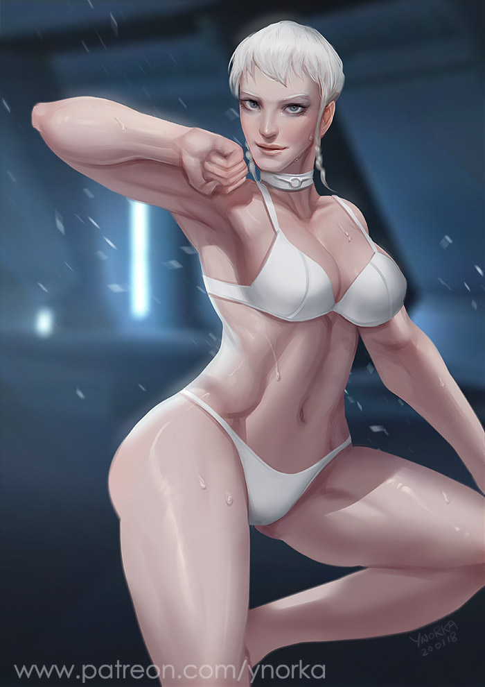 abs athletic_female bikini blue_eyes brianna_(star_wars) echani handmaiden knights_of_the_old_republic star_wars text white_bikini white_hair white_underwear ynorka