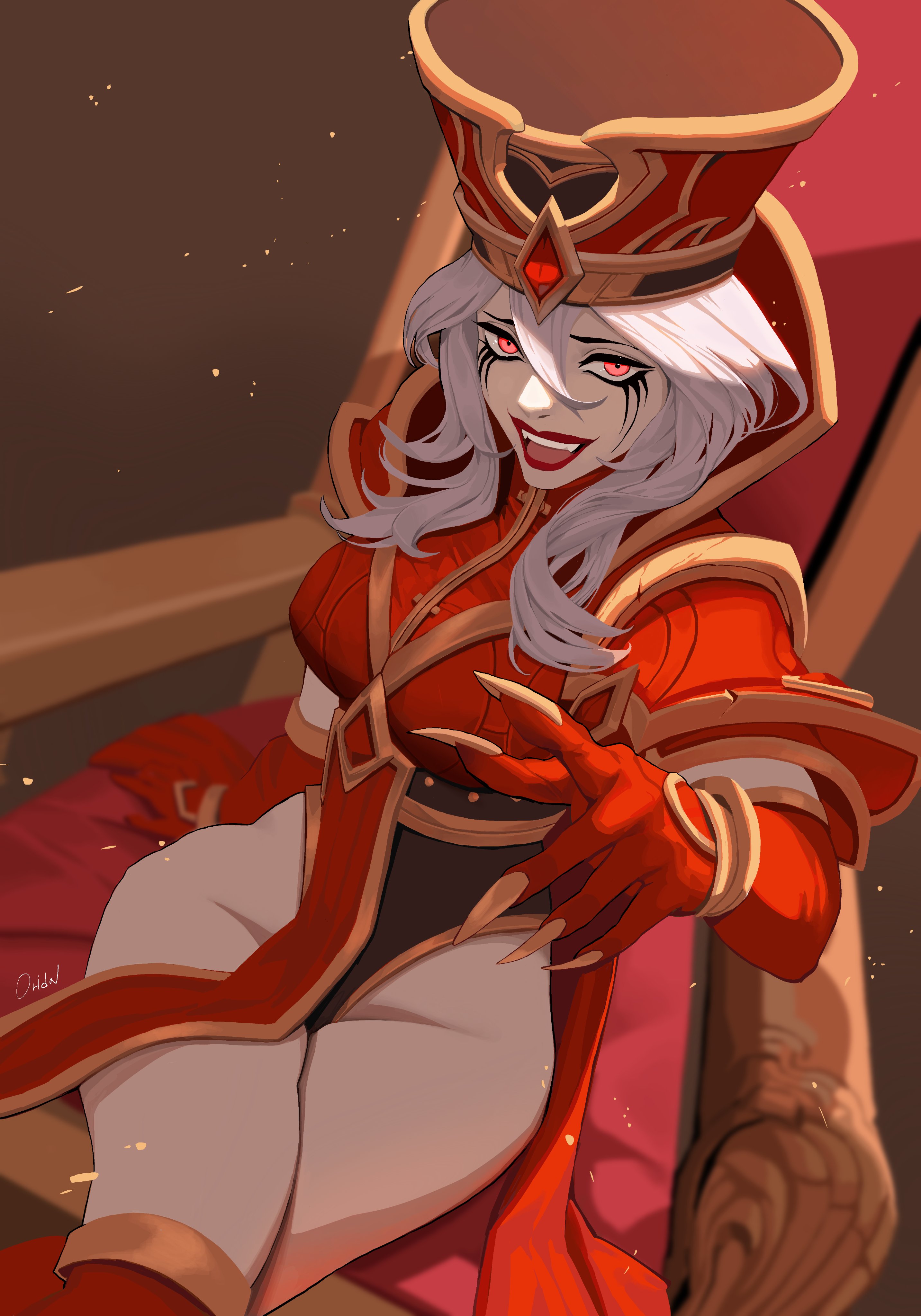 1girls, blizzard entertainment, claw (weapon), curvy, eyeliner, female, hair between eyes, hat, human, human (warcraft), human (world of warcraft), human female, lipstick, long hair, oridal, red eyes, red gloves, red headwear, red lips, red thighhighs, sally whitemane, scarlet crusade, scarlet monastery, shoulder armor, sitting, solo, throne, white hair, wide sleeves, world of warcraft